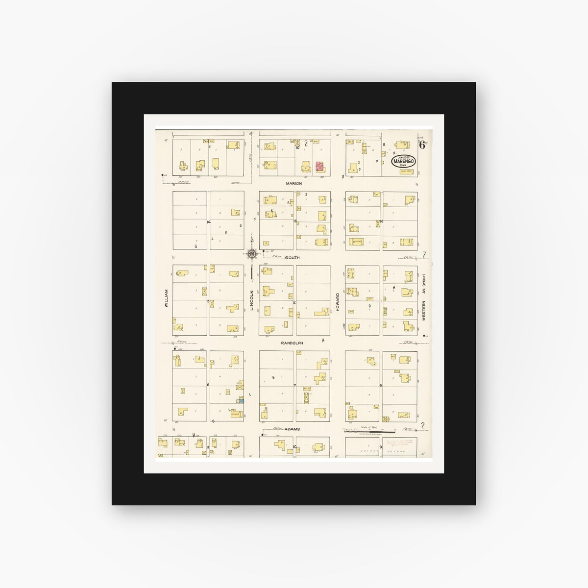 Old map wall art mockup — black gallery frame with white mat — Sanborn Fire Insurance Map from Marengo, Iowa County, Iowa (1922), Sheet #0006