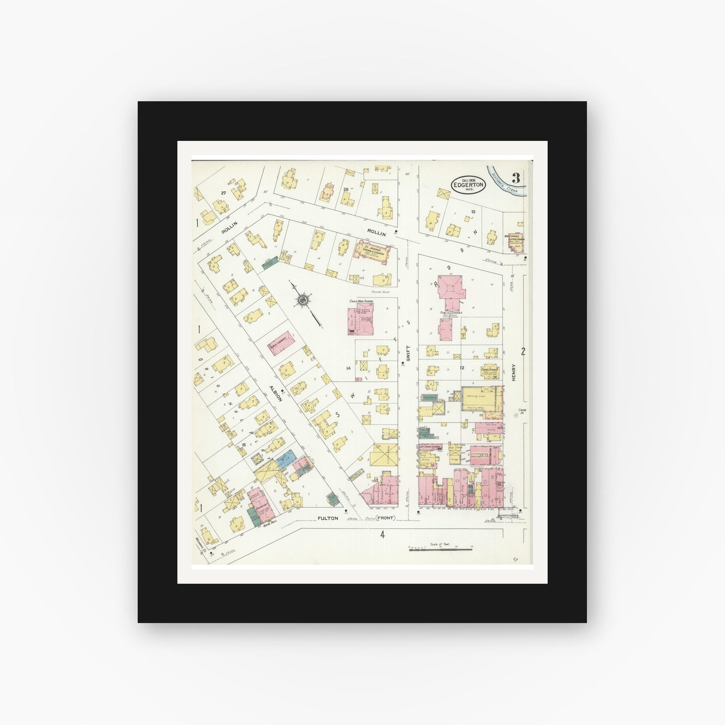 Old map wall art mockup — black gallery frame with white mat — Sanborn Fire Insurance Map from Edgerton, Rock County, Wisconsin (1909), Sheet #0003