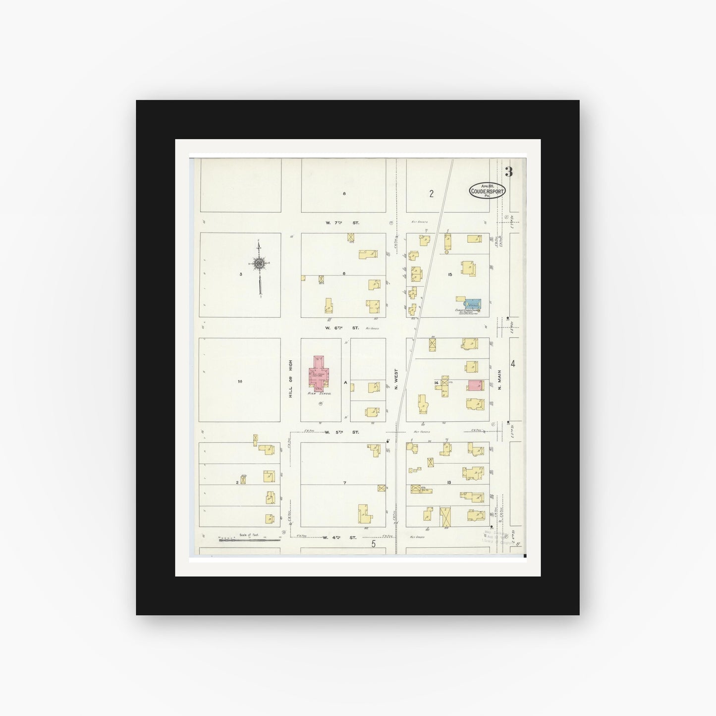 Old map wall art mockup — black gallery frame with white mat — Sanborn Fire Insurance Map from Coudersport, Potter County, Pennsylvania (1911), Sheet #0003