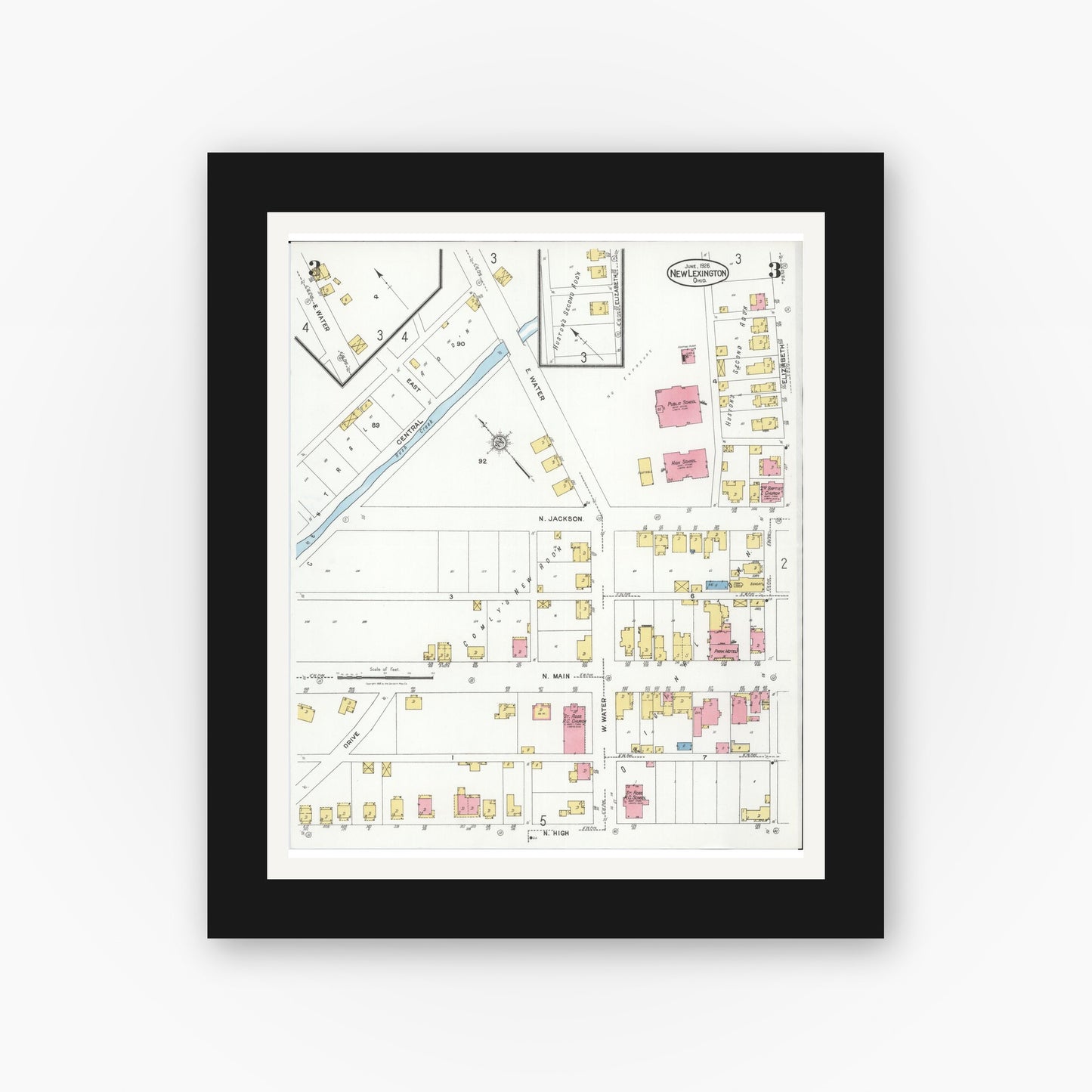 Old map wall art mockup — black gallery frame with white mat — Sanborn Fire Insurance Map from New Lexington, Perry County, Ohio (1926), Sheet #0003