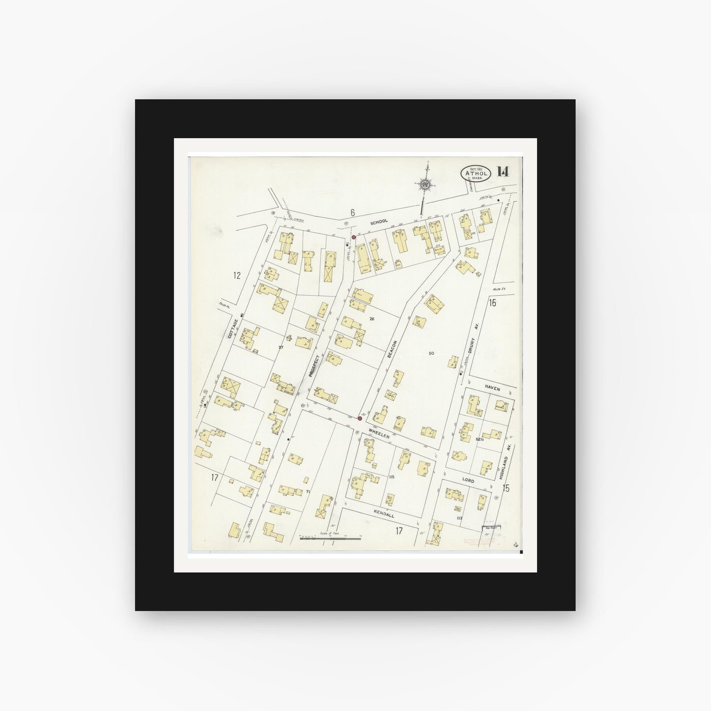 Old map wall art mockup — black gallery frame with white mat — Sanborn Fire Insurance Map from Athol, Worcester County, Massachusetts (1911), Sheet #0014