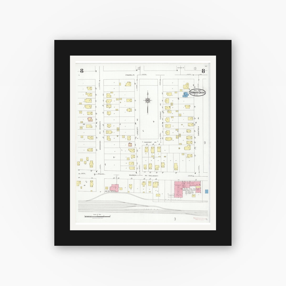Old map wall art mockup — black gallery frame with white mat — Sanborn Fire Insurance Map from Downers Grove, Dupage County, Illinois (1927), Sheet #0008