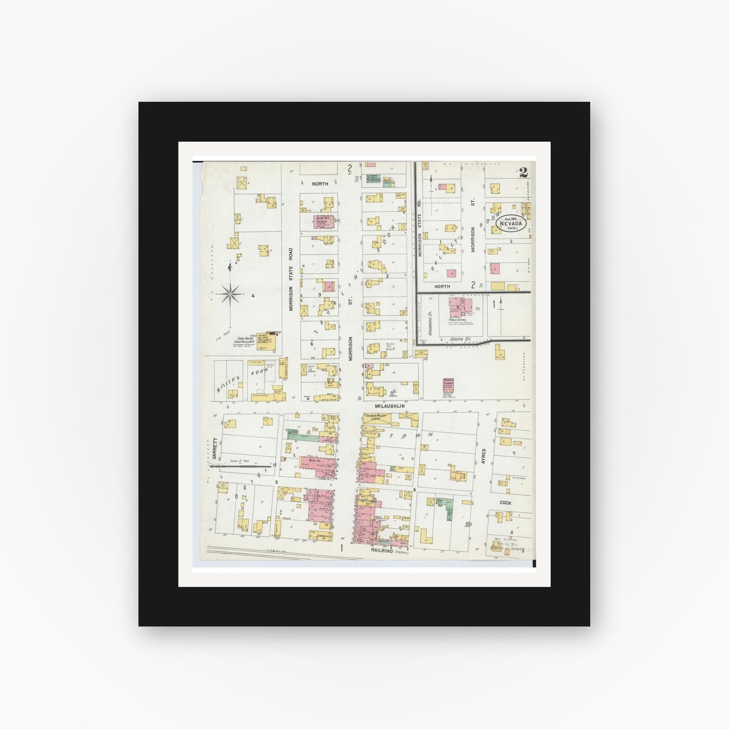 Old map wall art mockup — black gallery frame with white mat — Sanborn Fire Insurance Map from Nevada, Wyandot County, Ohio (1901), Sheet #0002