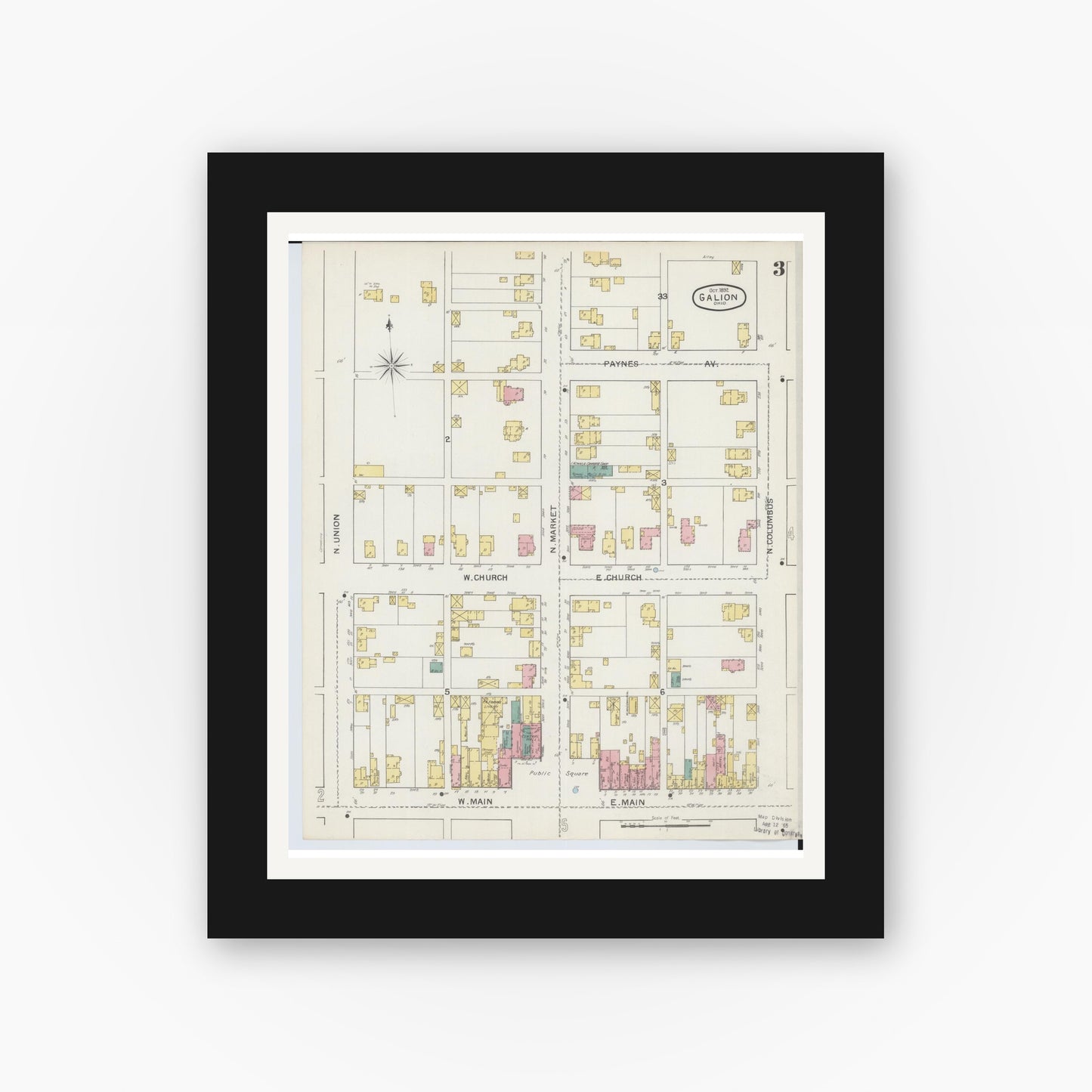 Old map wall art mockup — black gallery frame with white mat — Sanborn Fire Insurance Map from Galion, Crawford County, Ohio (1892), Sheet #0003