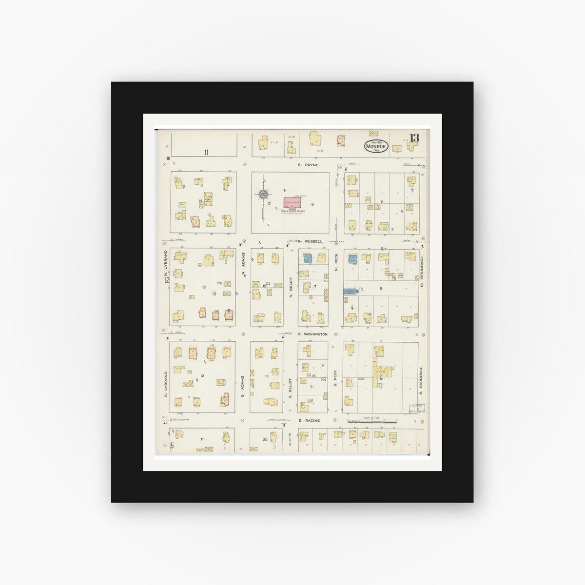 Old map wall art mockup — black gallery frame with white mat — Sanborn Fire Insurance Map from Monroe, Green County, Wisconsin (1915), Sheet #0013