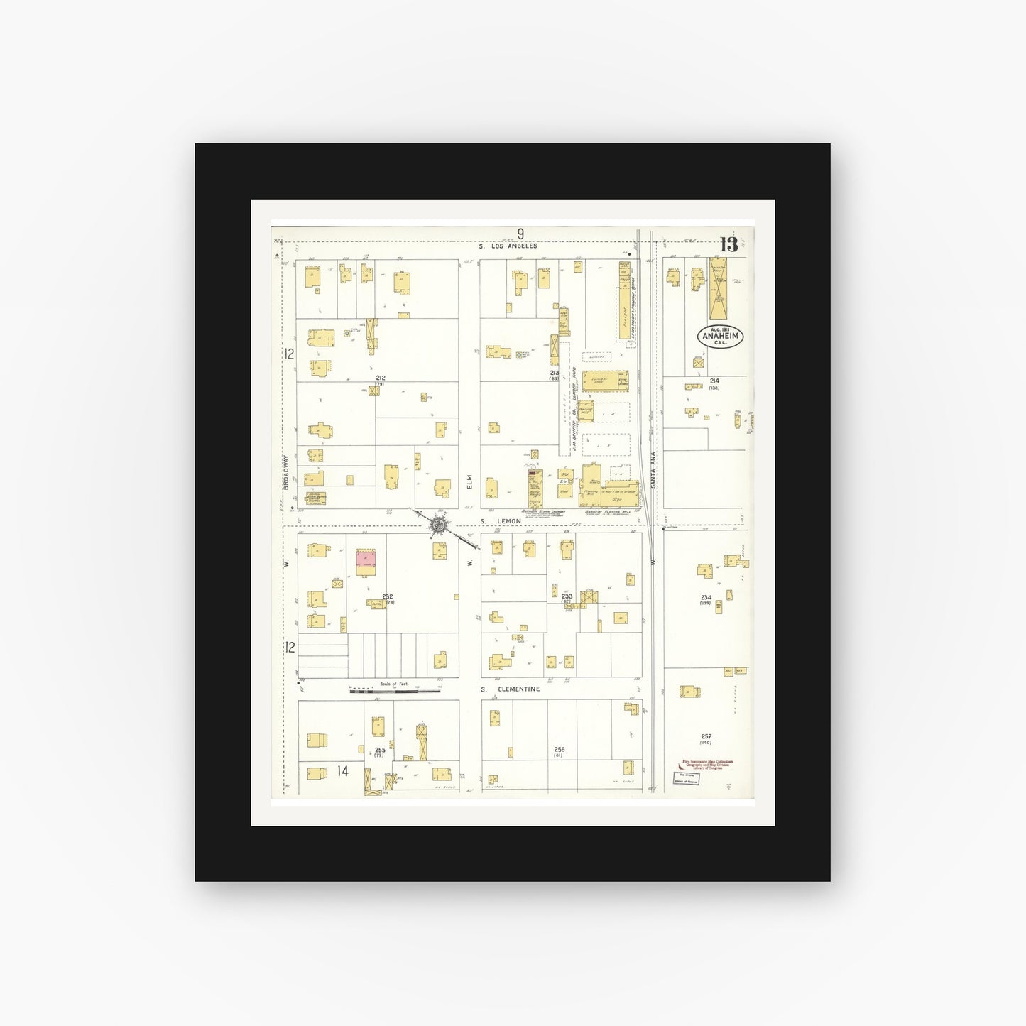 Old map wall art mockup — black gallery frame with white mat — Sanborn Fire Insurance Map from Anaheim, Orange County, California (1911), Sheet #0013