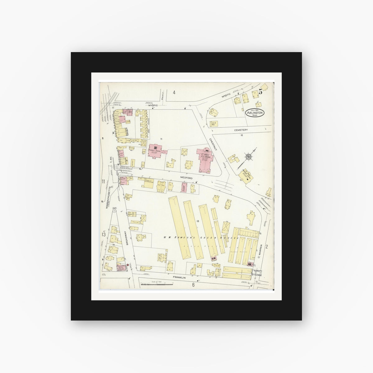 Old map wall art mockup — black gallery frame with white mat — Sanborn Fire Insurance Map from Arlington, Middlesex County, Massachusetts (1914), Sheet #0005