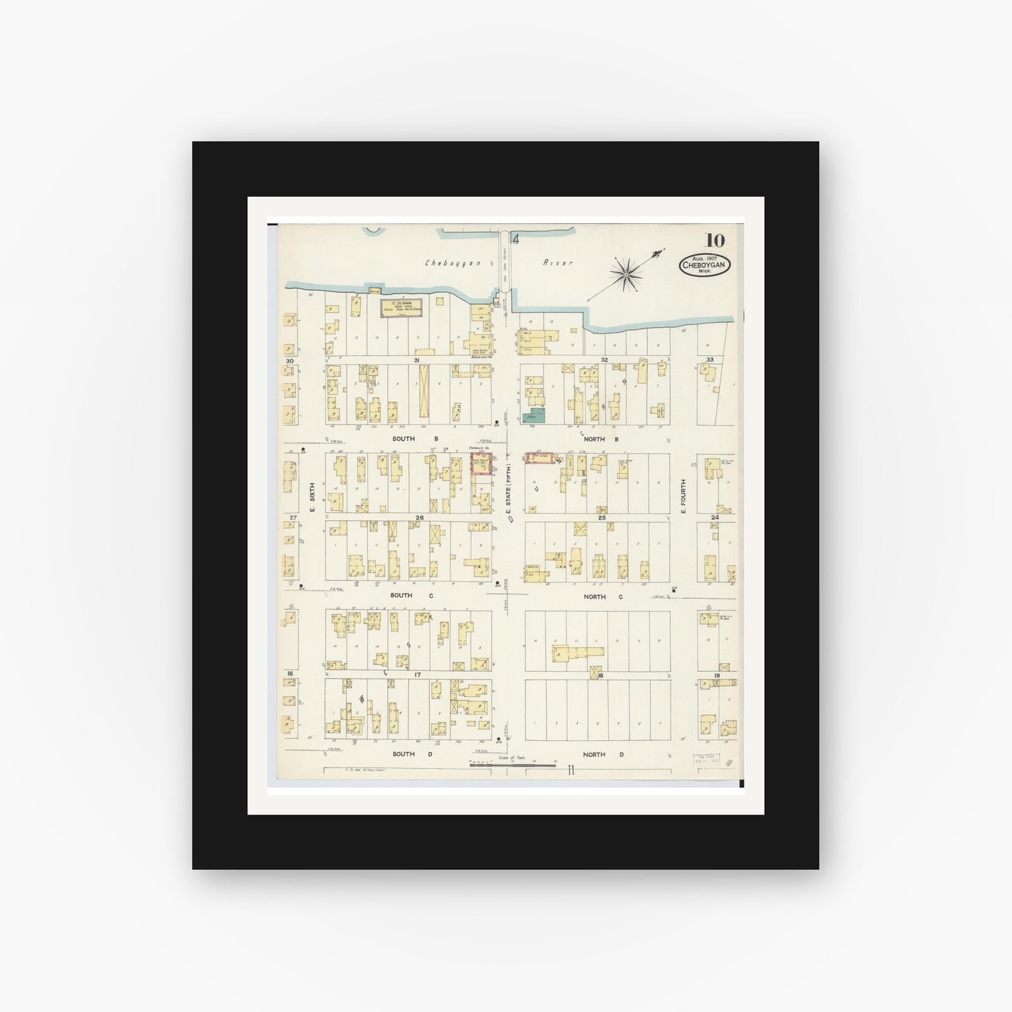 Old map wall art mockup — black gallery frame with white mat — Sanborn Fire Insurance Map from Cheboygan, Cheboygan County, Michigan (1907), Sheet #0010