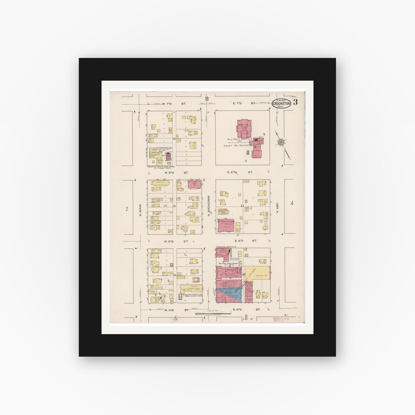 Old map wall art mockup — black gallery frame with white mat — Sanborn Fire Insurance Map from Crookston, Polk County, Minnesota (1922), Sheet #0003