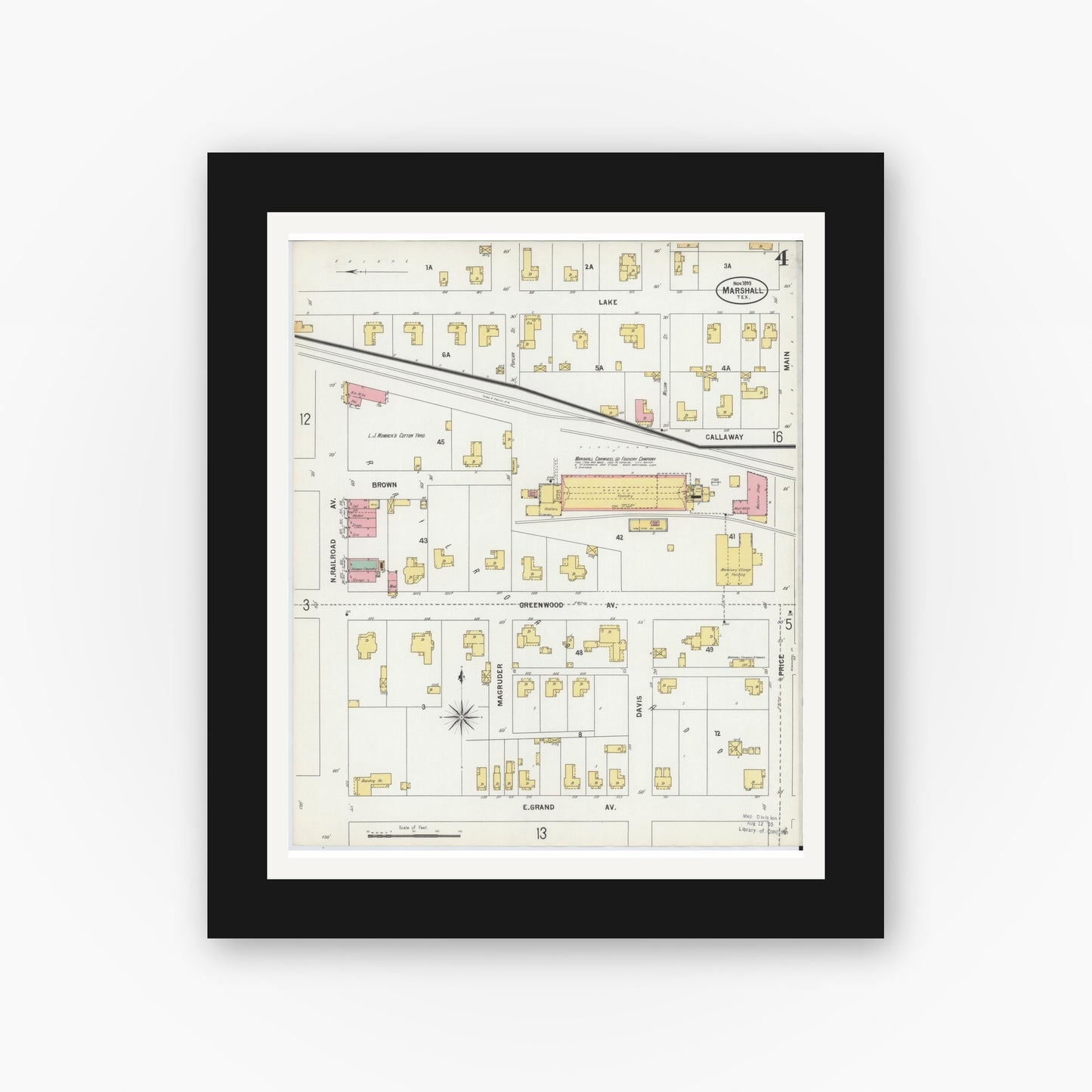 Old map wall art mockup — black gallery frame with white mat — Sanborn Fire Insurance Map from Marshall, Harrison County, Texas (1899), Sheet #0004