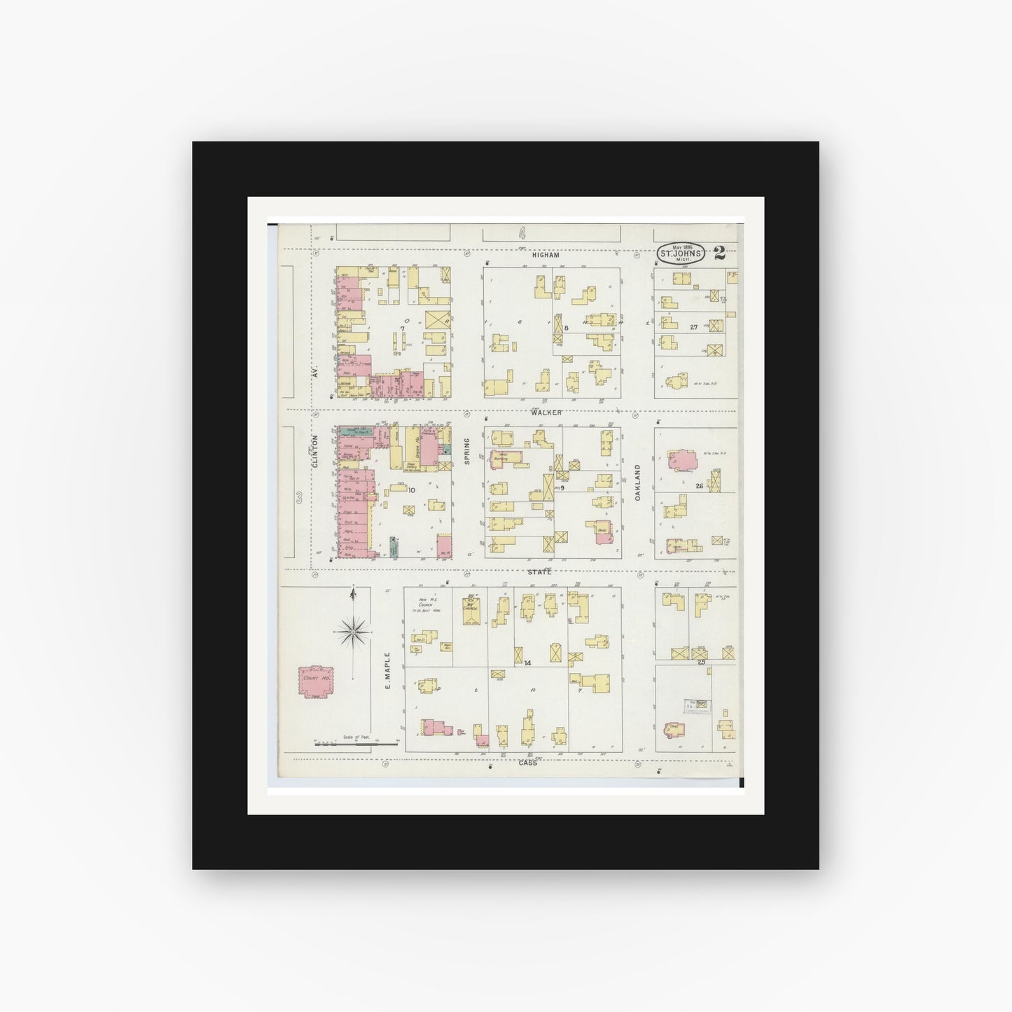 Old map wall art mockup — black gallery frame with white mat — Sanborn Fire Insurance Map from Saint Johns, Clinton County, Michigan (1895), Sheet #0002