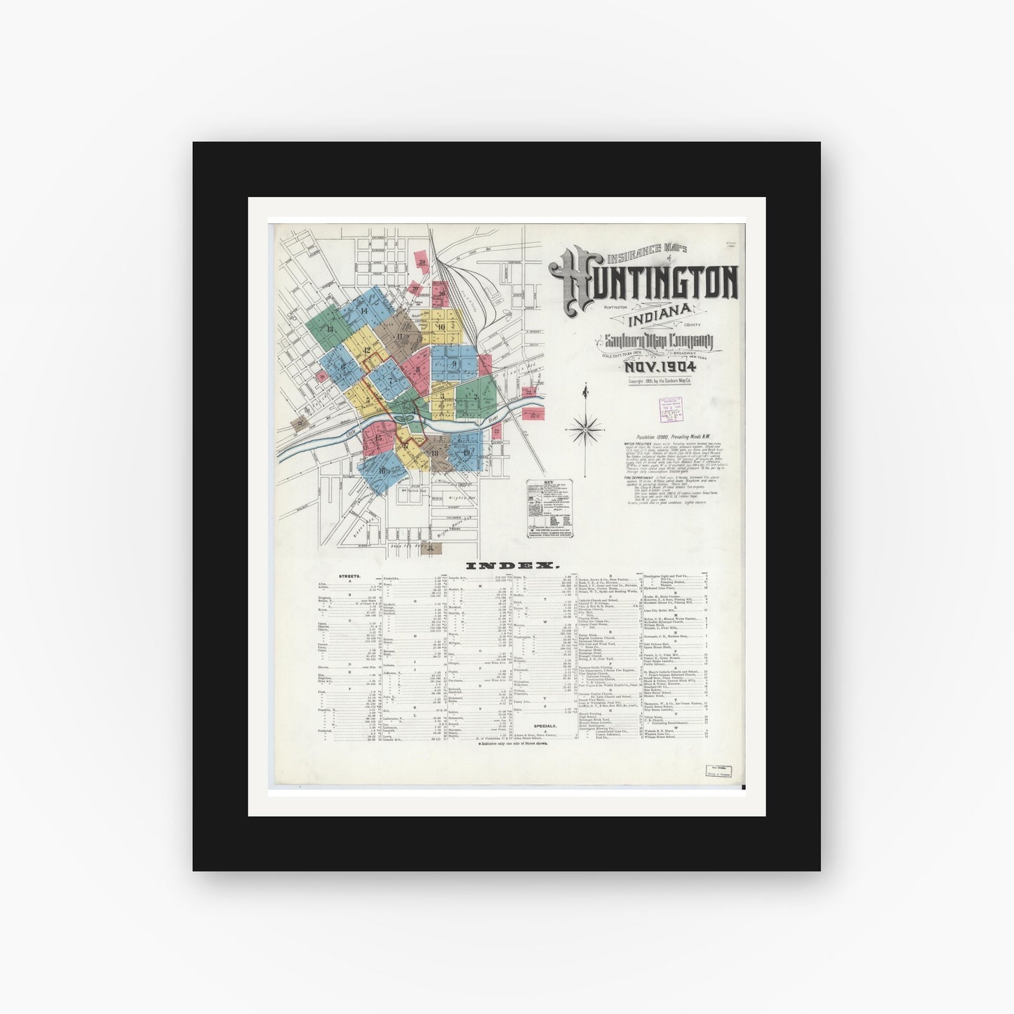 Old map wall art mockup — black gallery frame with white mat — Sanborn Fire Insurance Map from Huntington, Huntington County, Indiana (1904), Sheet #0001