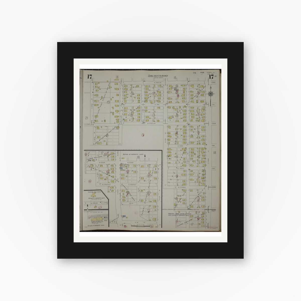 Old map wall art mockup — black gallery frame with white mat — Sanborn Fire Insurance Map from Herrin, Williamson County, Illinois (1947), Sheet #0017