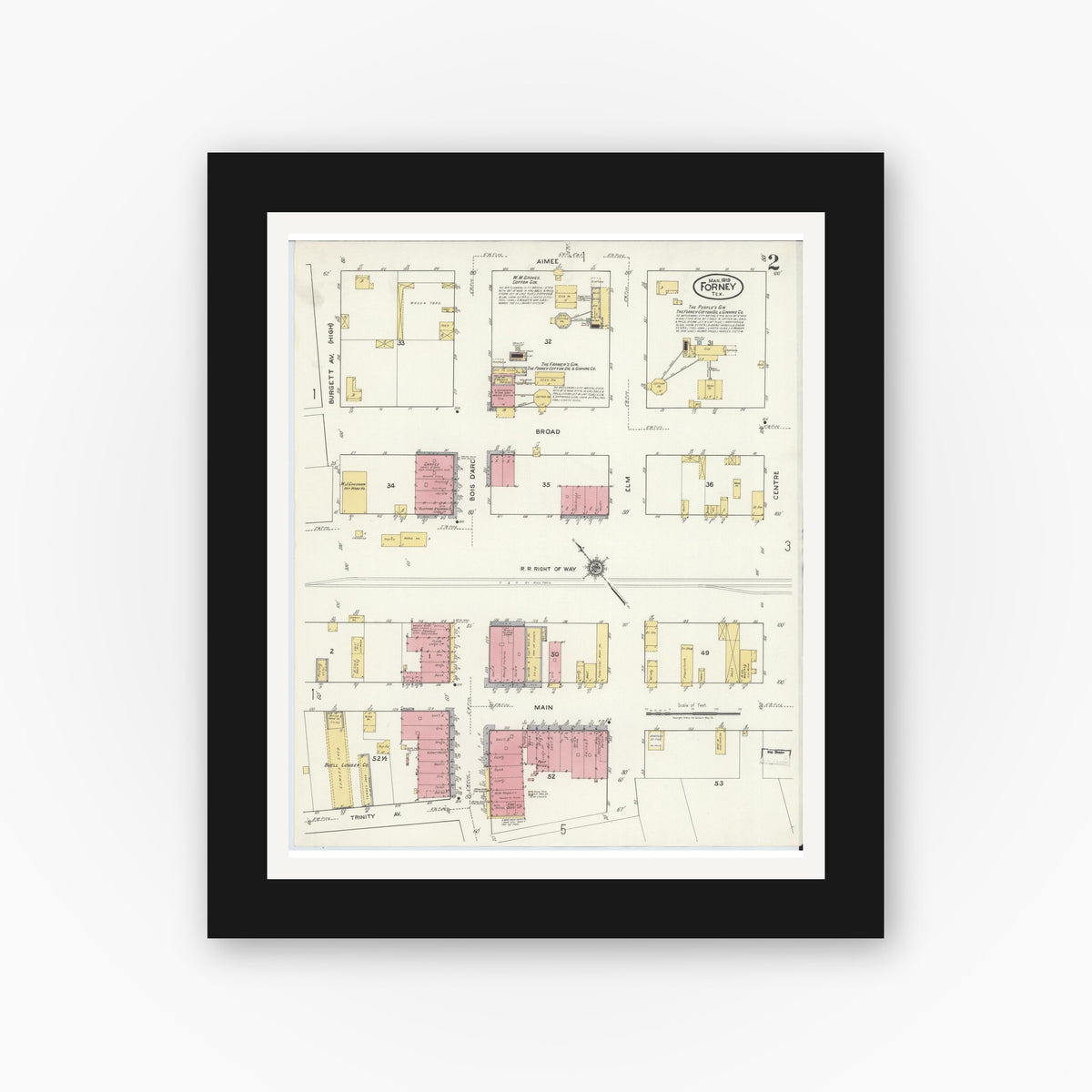 Old map wall art mockup — black gallery frame with white mat — Sanborn Fire Insurance Map from Forney, Kaufman County, Texas (1919), Sheet #0002