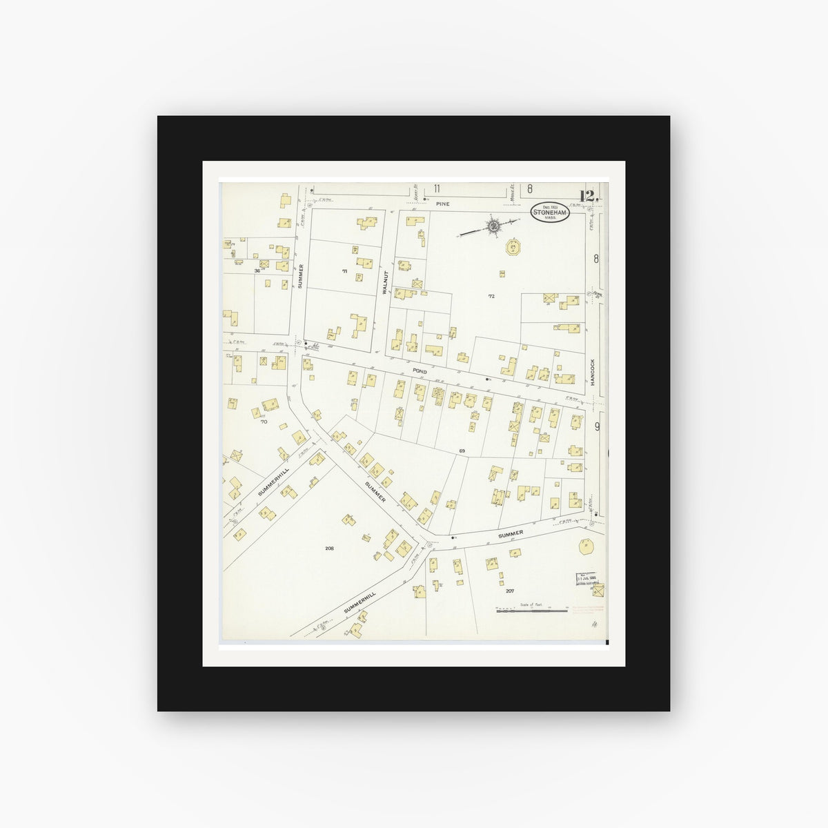 Old map wall art mockup — black gallery frame with white mat — Sanborn Fire Insurance Map from Stoneham, Middlesex County, Massachusetts (1909), Sheet #0012