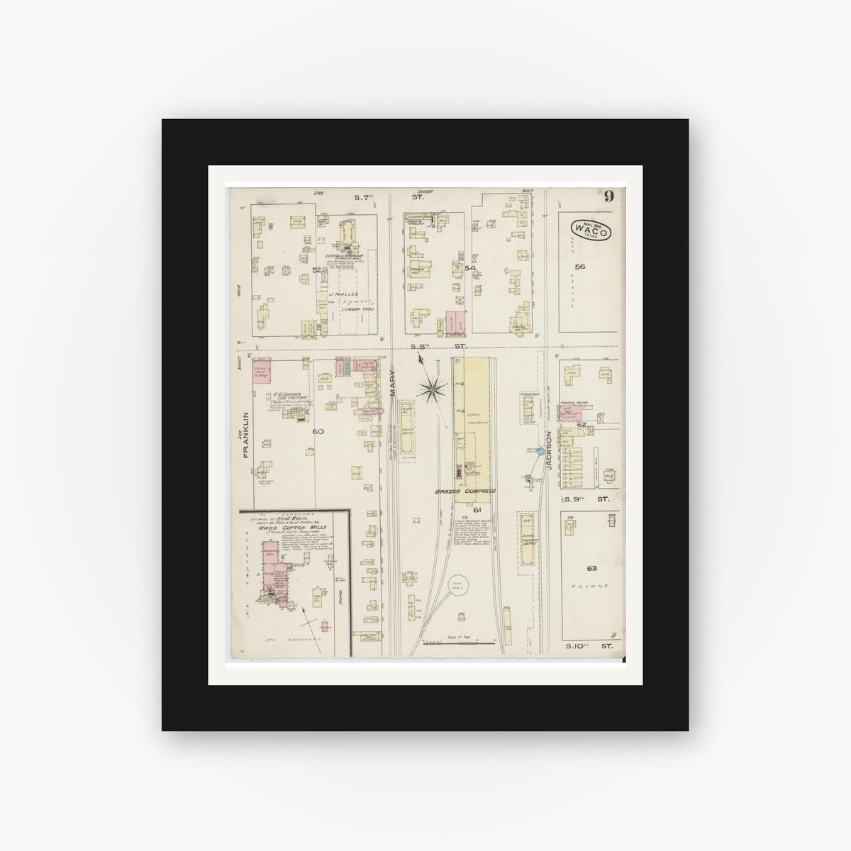 Old map wall art mockup — black gallery frame with white mat — Sanborn Fire Insurance Map from Waco, McLennan County, Texas (1885), Sheet #0009