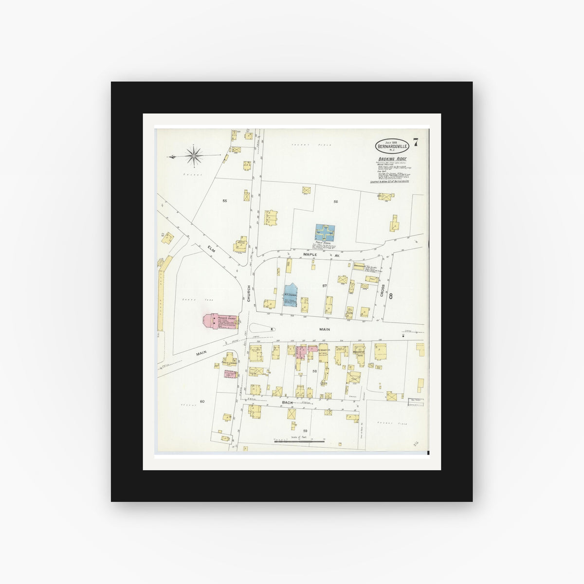 Old map wall art mockup — black gallery frame with white mat — Sanborn Fire Insurance Map from Bernardsville, Somerset County, New Jersey (1909), Sheet #0007