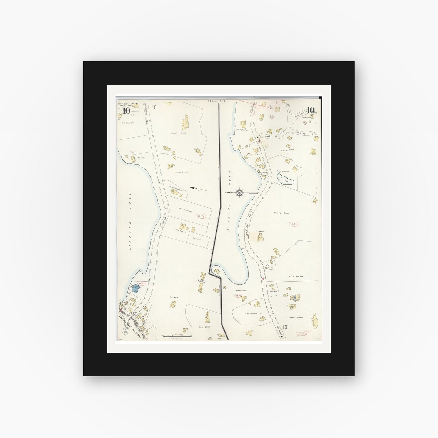 Old map wall art mockup — black gallery frame with white mat — Sanborn Fire Insurance Map from Cohasset, Norfolk County, Massachusetts (1940), Sheet #0010