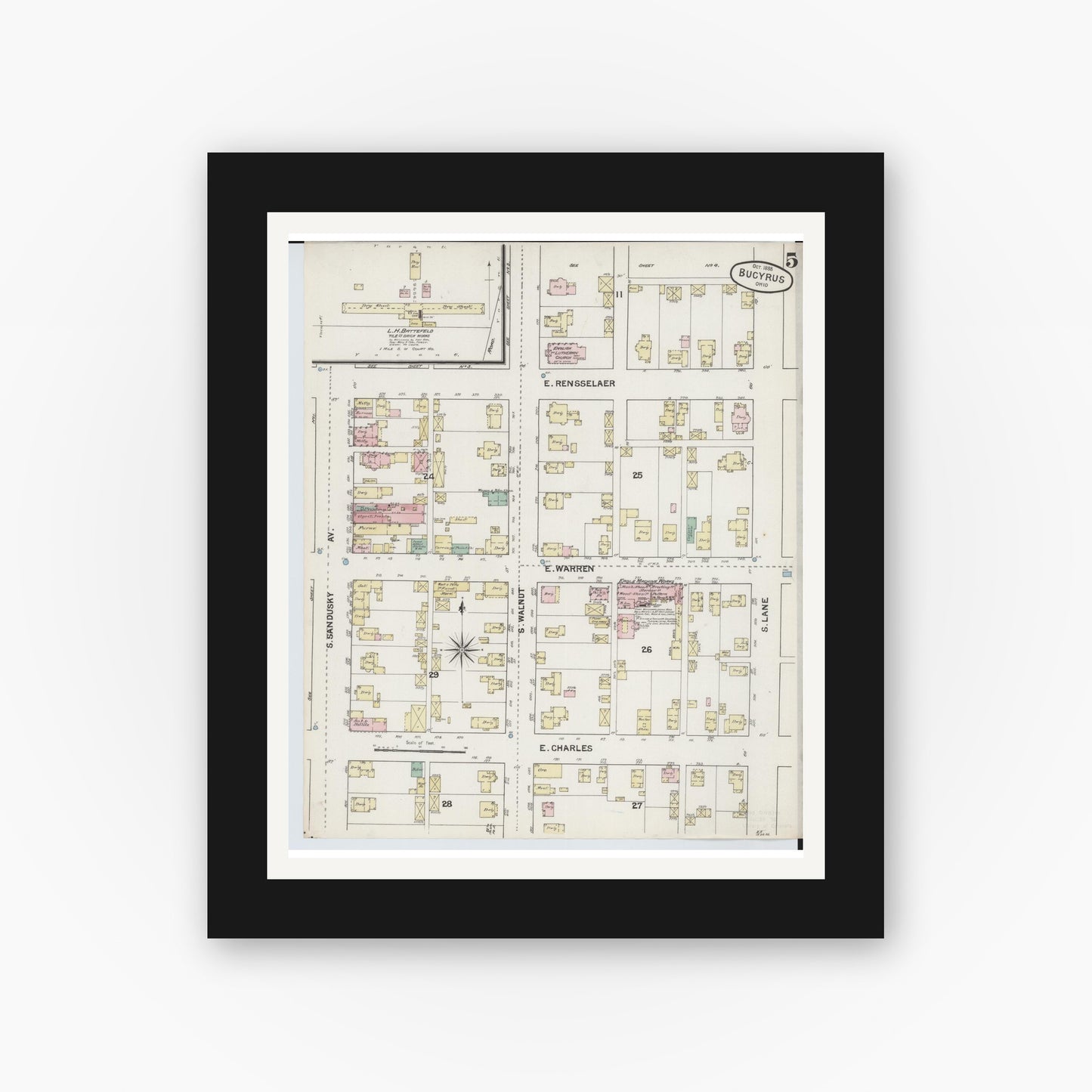 Old map wall art mockup — black gallery frame with white mat — Sanborn Fire Insurance Map from Bucyrus, Crawford County, Ohio (1888), Sheet #0005