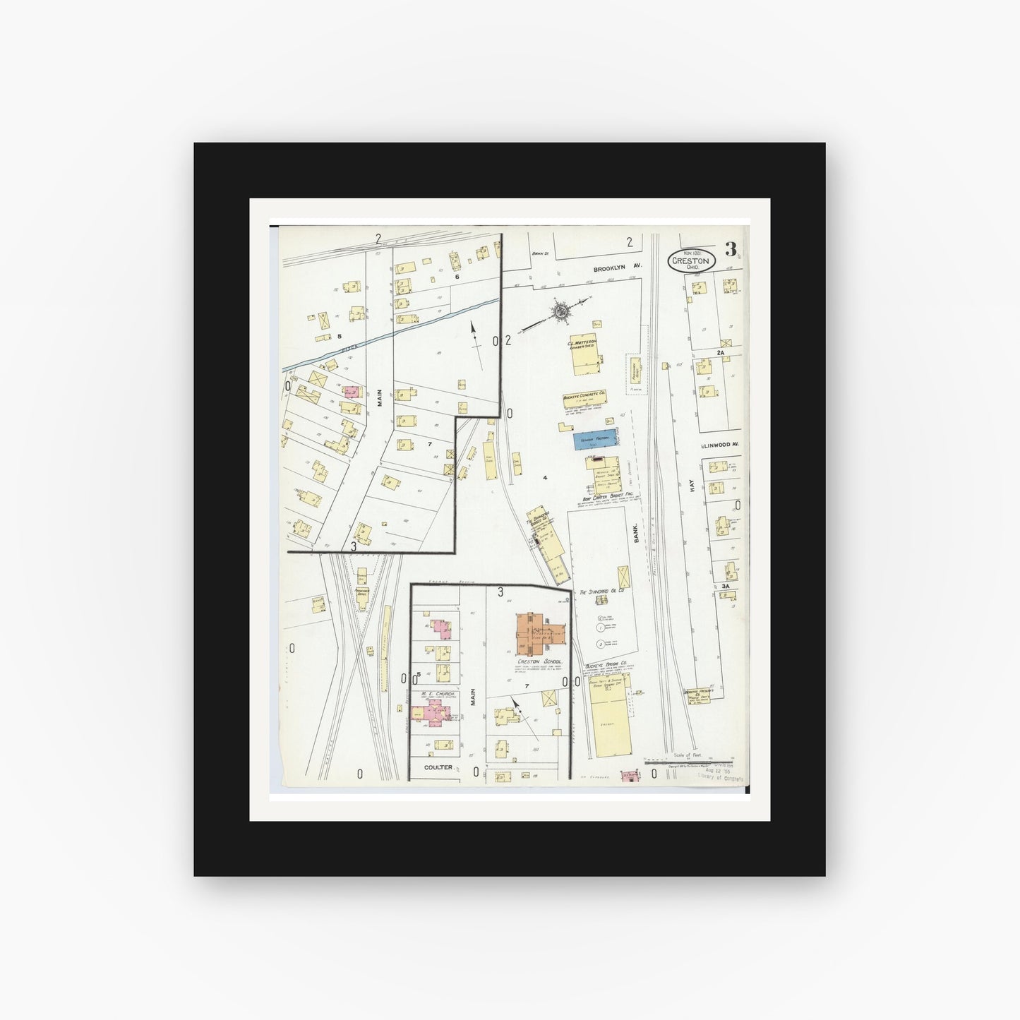 Old map wall art mockup — black gallery frame with white mat — Sanborn Fire Insurance Map from Creston, Wayne County, Ohio (1921), Sheet #0003