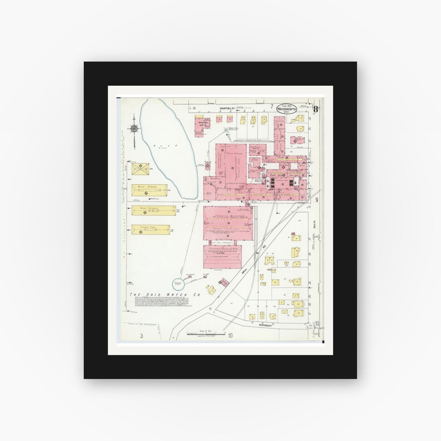 Old map wall art mockup — black gallery frame with white mat — Sanborn Fire Insurance Map from Wadsworth, Medina County, Ohio (1923), Sheet #0008