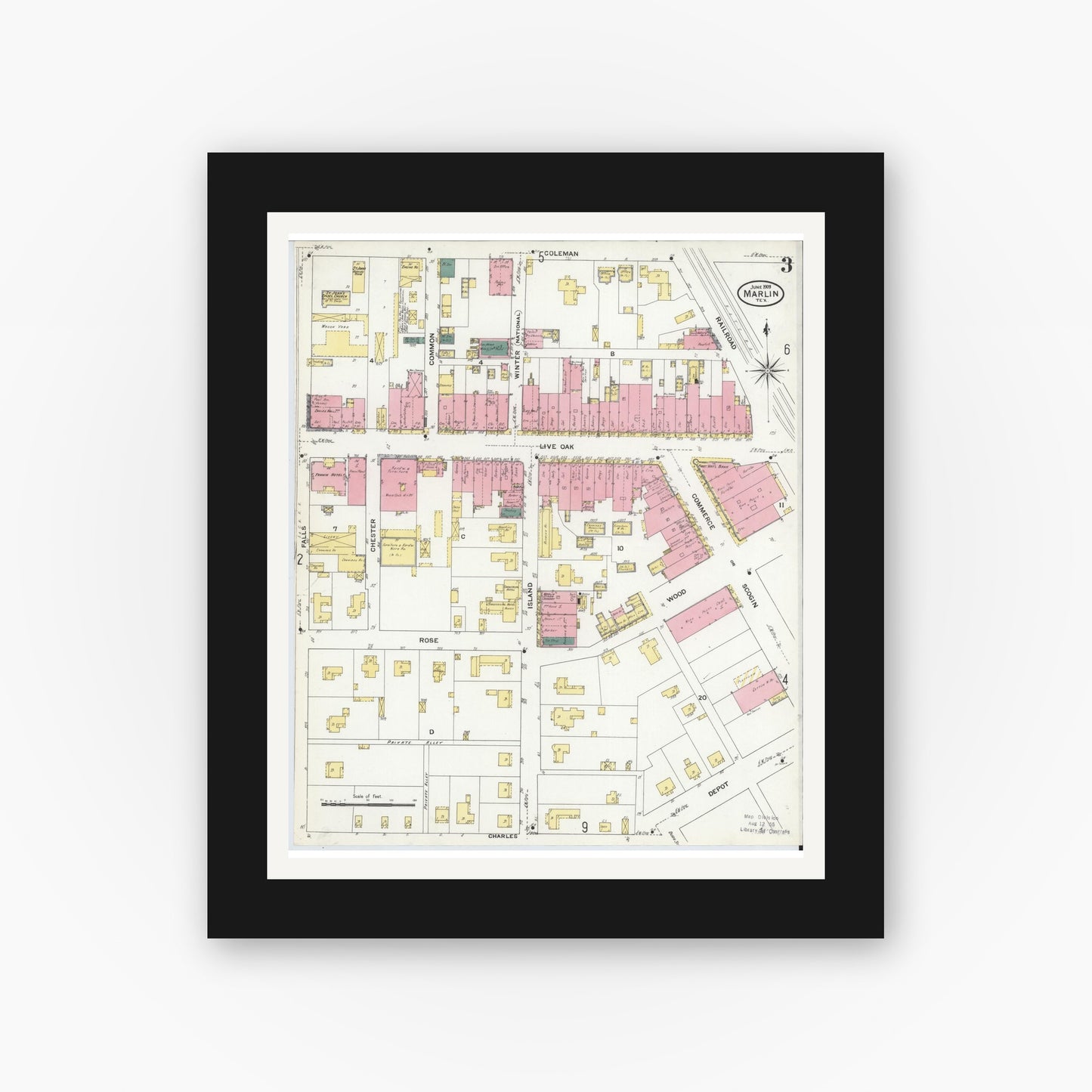 Old map wall art mockup — black gallery frame with white mat — Sanborn Fire Insurance Map from Marlin, Falls County, Texas (1909), Sheet #0003