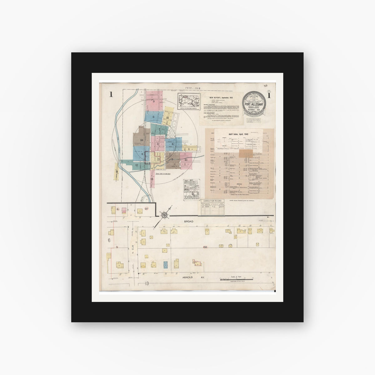 Old map wall art mockup — black gallery frame with white mat — Sanborn Fire Insurance Map from Port Allegany, McKean County, Pennsylvania (1940) - Complete Map Set