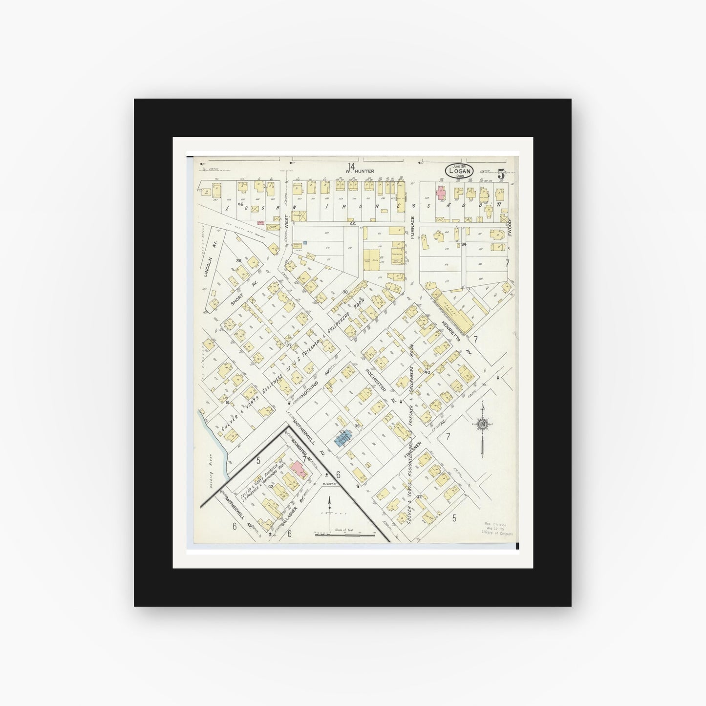 Old map wall art mockup — black gallery frame with white mat — Sanborn Fire Insurance Map from Logan, Hocking County, Ohio (1914), Sheet #0005