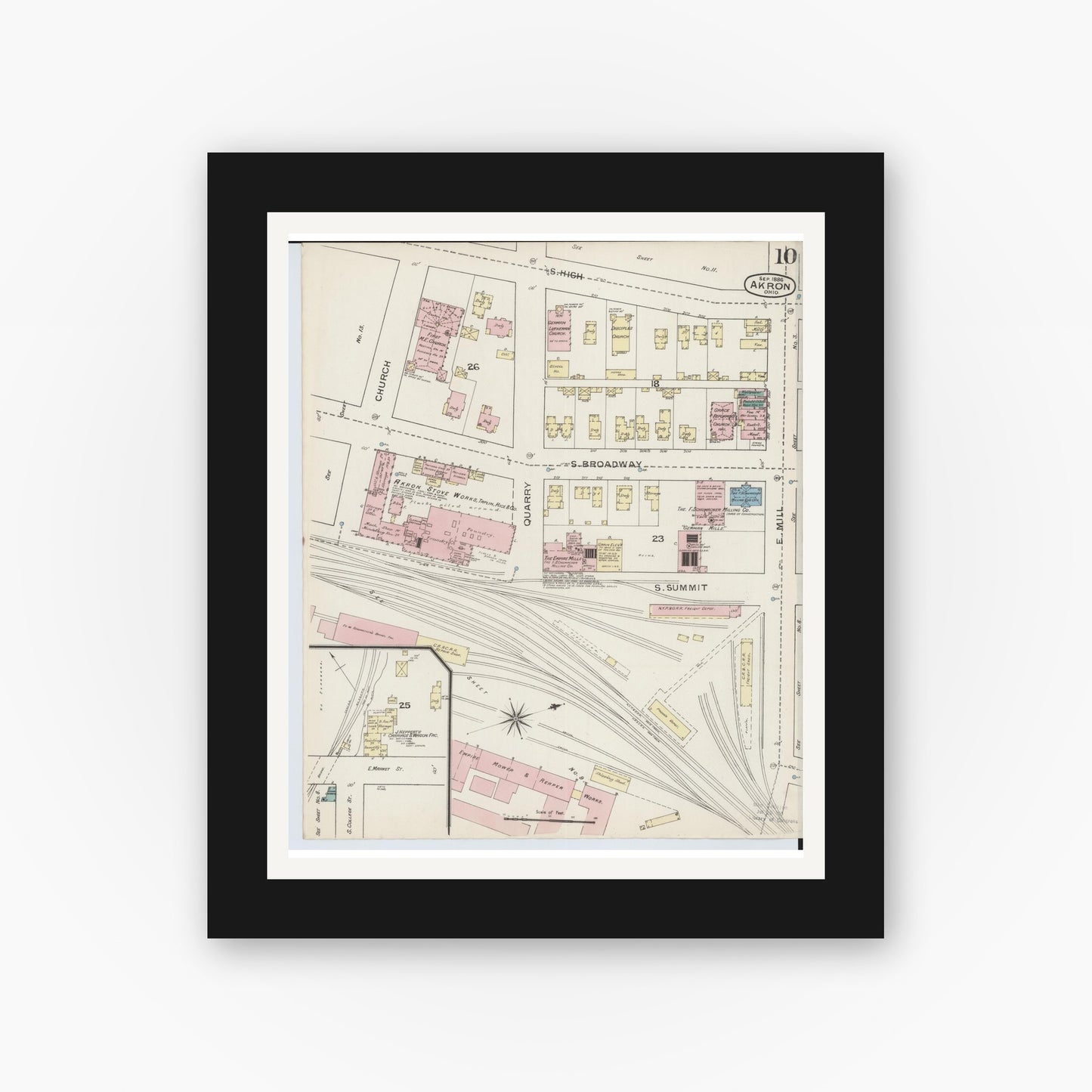 Old map wall art mockup — black gallery frame with white mat — Sanborn Fire Insurance Map from Akron, Summit County, Ohio (1886), Sheet #0010