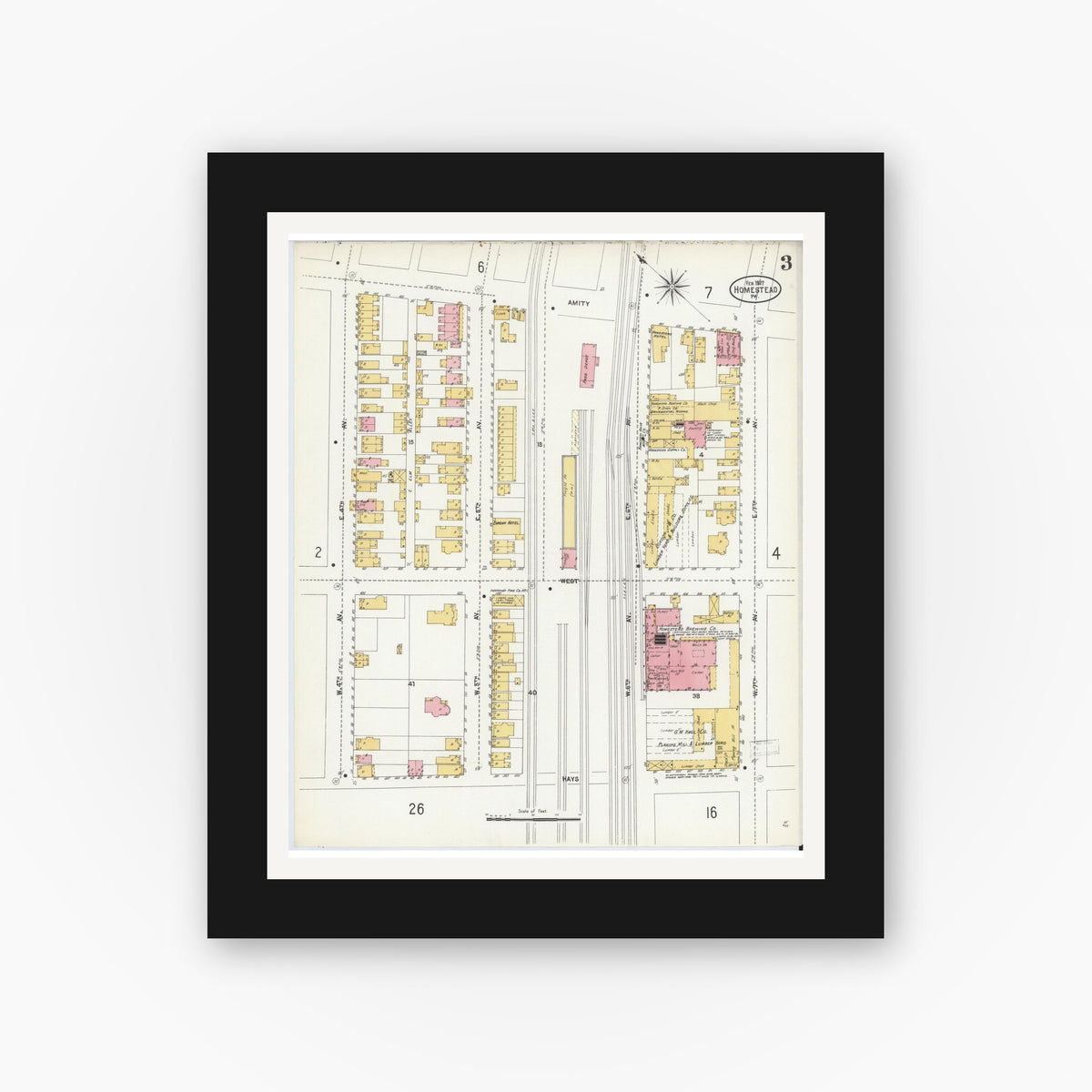 Old map wall art mockup — black gallery frame with white mat — Sanborn Fire Insurance Map from Homestead, Allegheny County, Pennsylvania (1907), Sheet #0003
