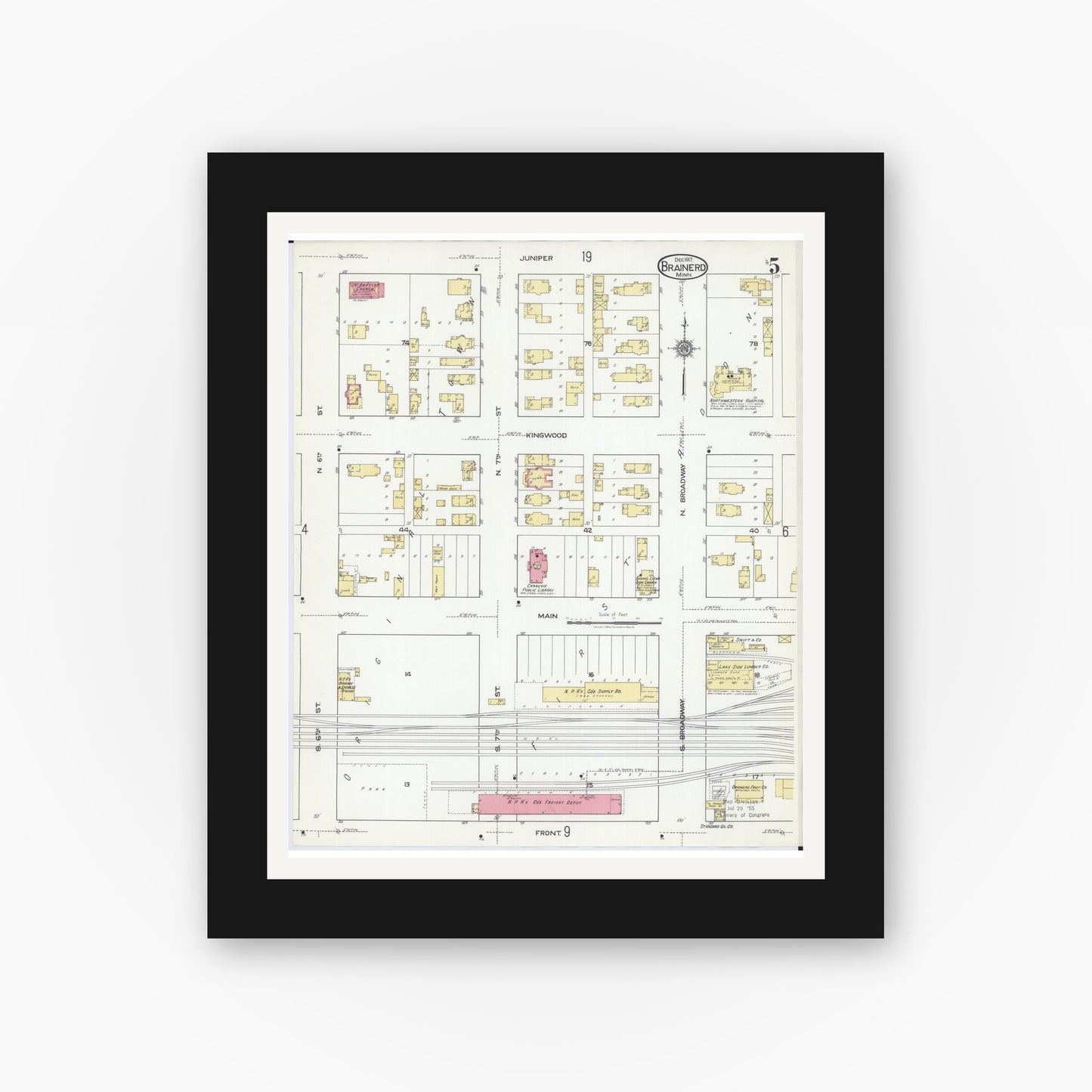 Old map wall art mockup — black gallery frame with white mat — Sanborn Fire Insurance Map from Brainerd, Crow Wing County, Minnesota (1917), Sheet #0005