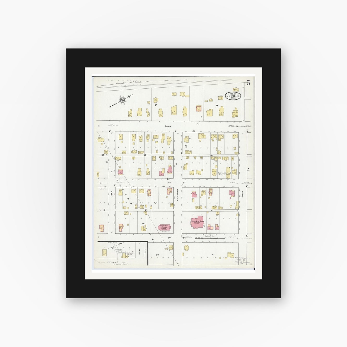 Old map wall art mockup — black gallery frame with white mat — Sanborn Fire Insurance Map from Le Sueur, Le Sueur County, Minnesota (1911), Sheet #0005