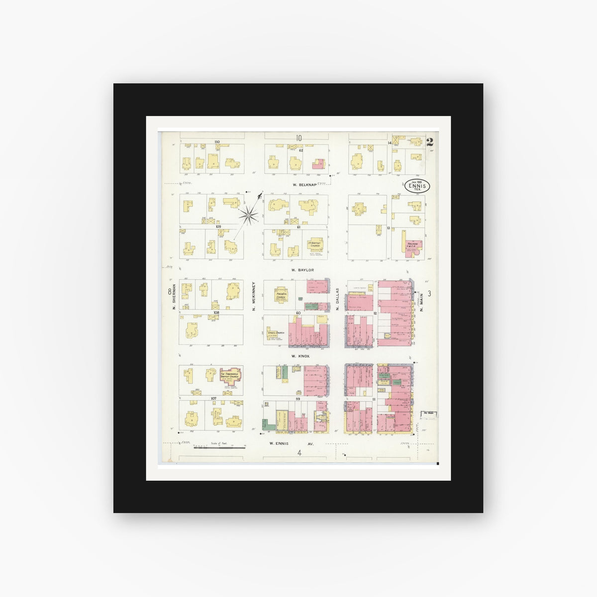 Old map wall art mockup — black gallery frame with white mat — Sanborn Fire Insurance Map from Ennis, Ellis County, Texas (1909), Sheet #0002