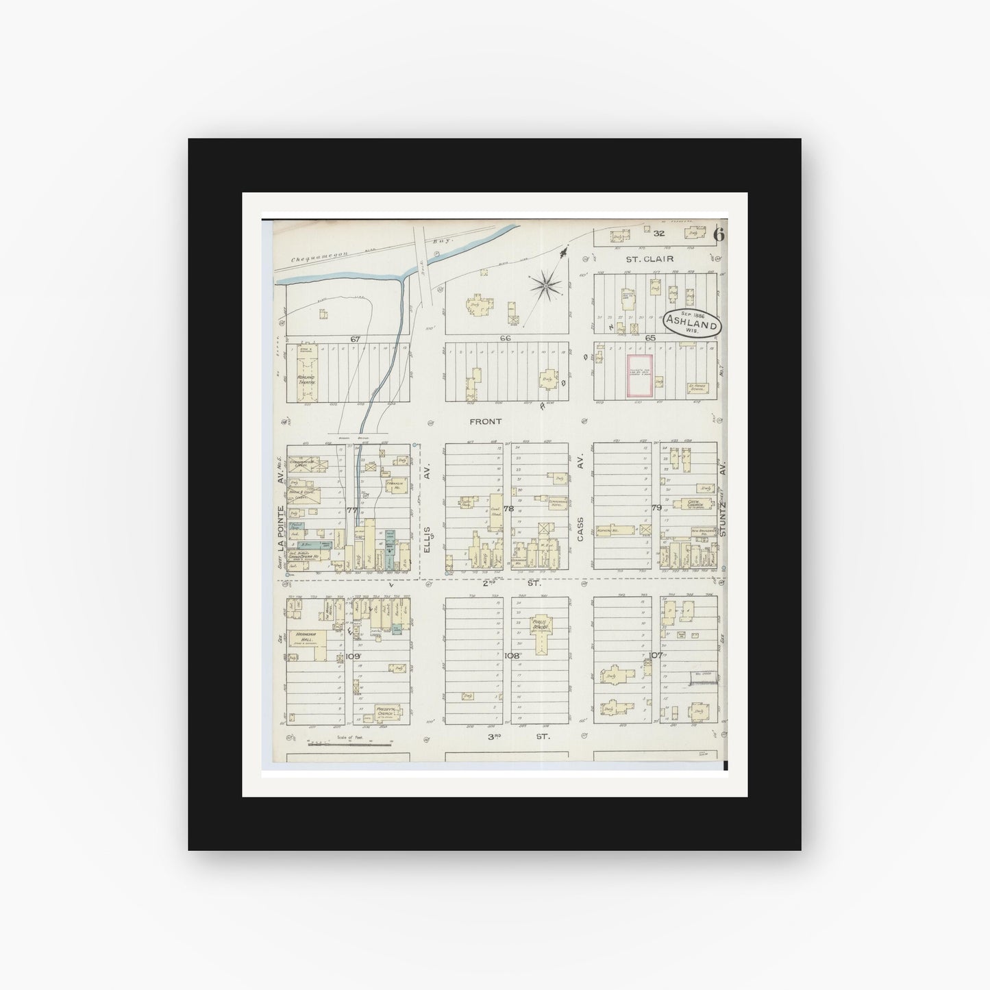 Old map wall art mockup — black gallery frame with white mat — Sanborn Fire Insurance Map from Ashland, Ashland County, Wisconsin (1886), Sheet #0006