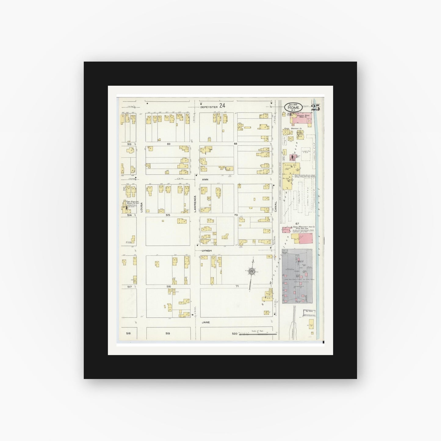 Old map wall art mockup — black gallery frame with white mat — Sanborn Fire Insurance Map from Rome, Oneida County, New York (1909), Sheet #0025