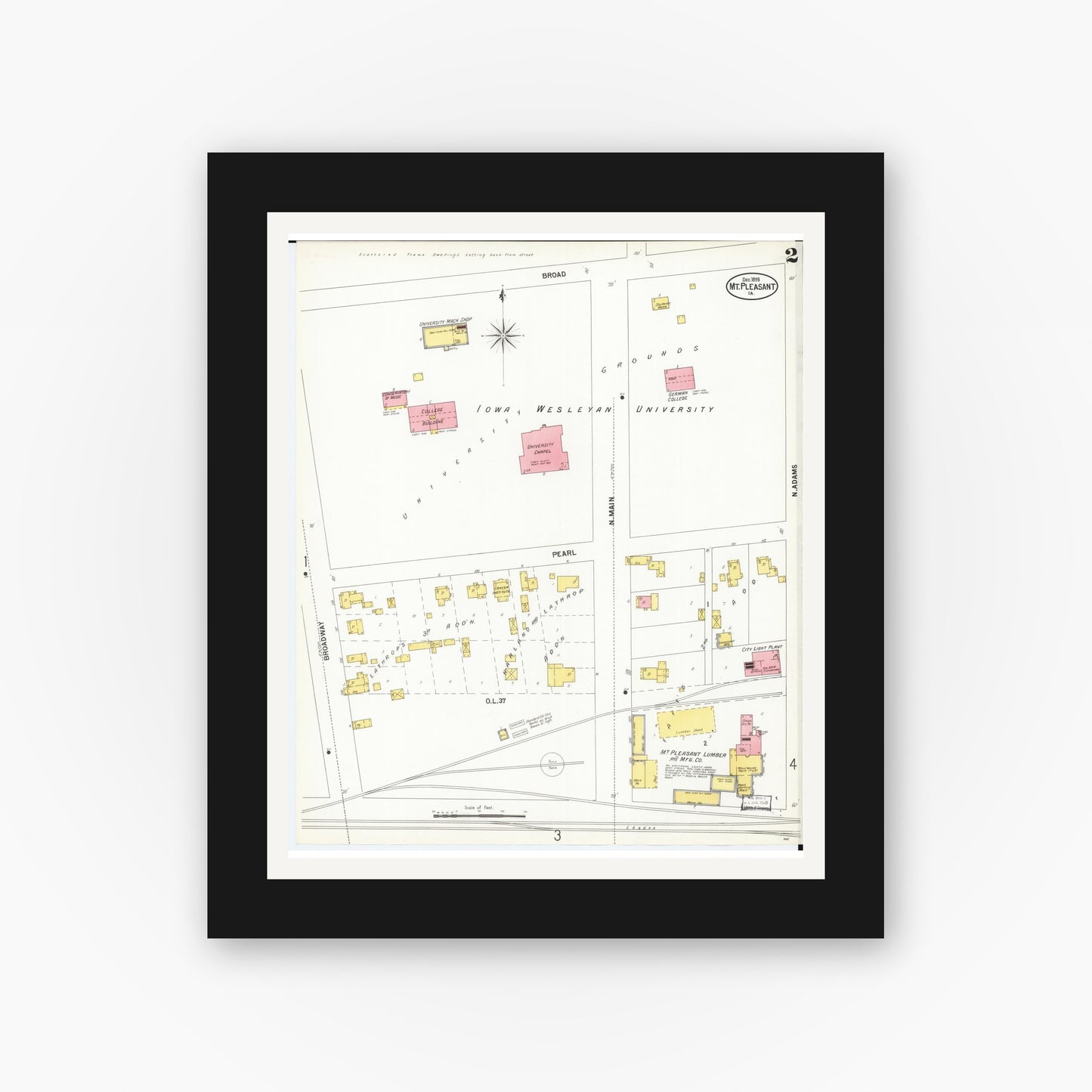 Old map wall art mockup — black gallery frame with white mat — Sanborn Fire Insurance Map from Mount Pleasant, Henry County, Iowa (1899), Sheet #0002