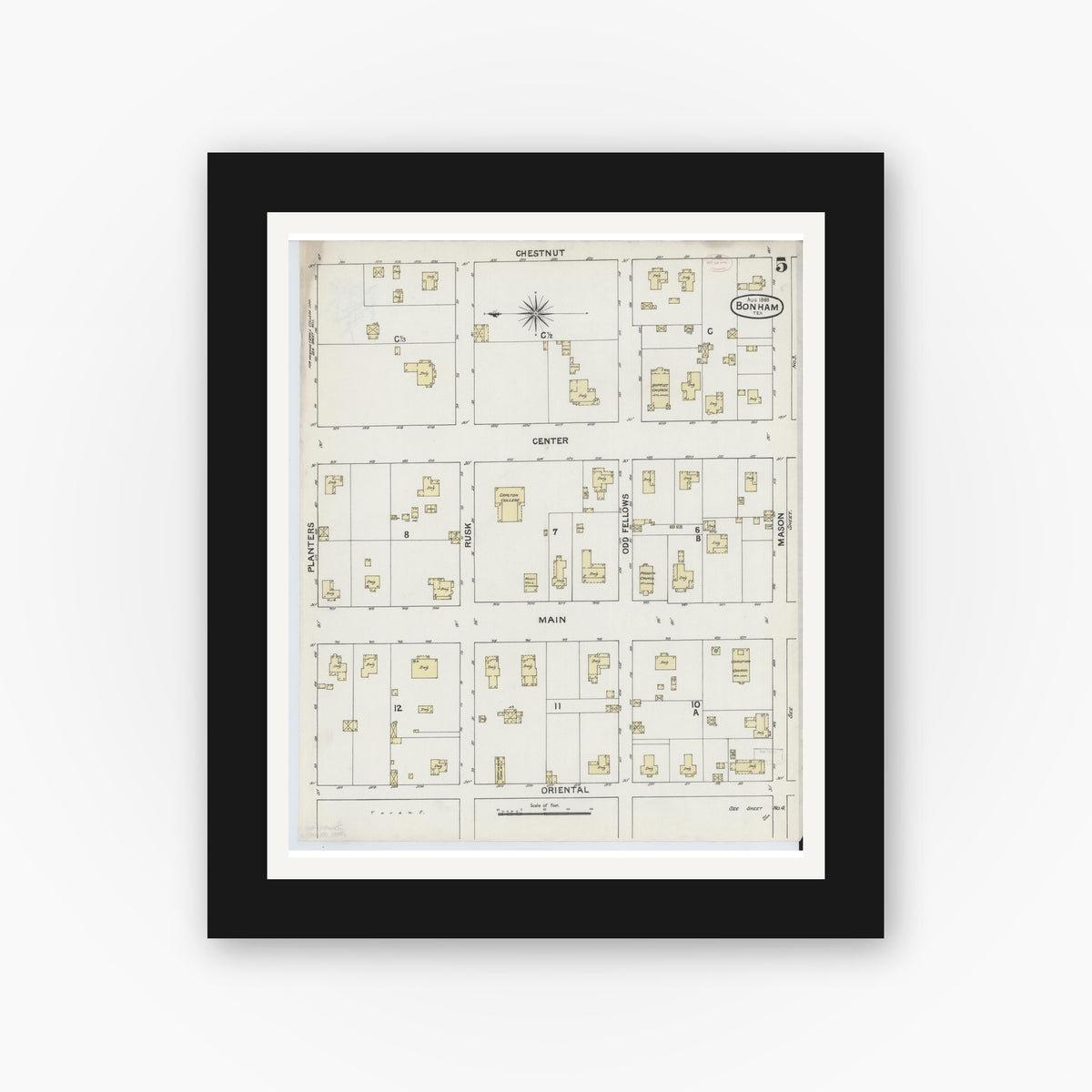 Old map wall art mockup — black gallery frame with white mat — Sanborn Fire Insurance Map from Bonham, Fannin County, Texas (1888), Sheet #0005