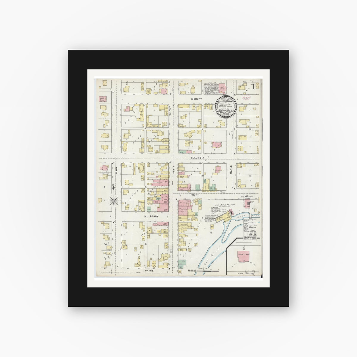 Old map wall art mockup — black gallery frame with white mat — Sanborn Fire Insurance Map from South Whitley, Whitley County, Indiana (1895), Sheet #0001