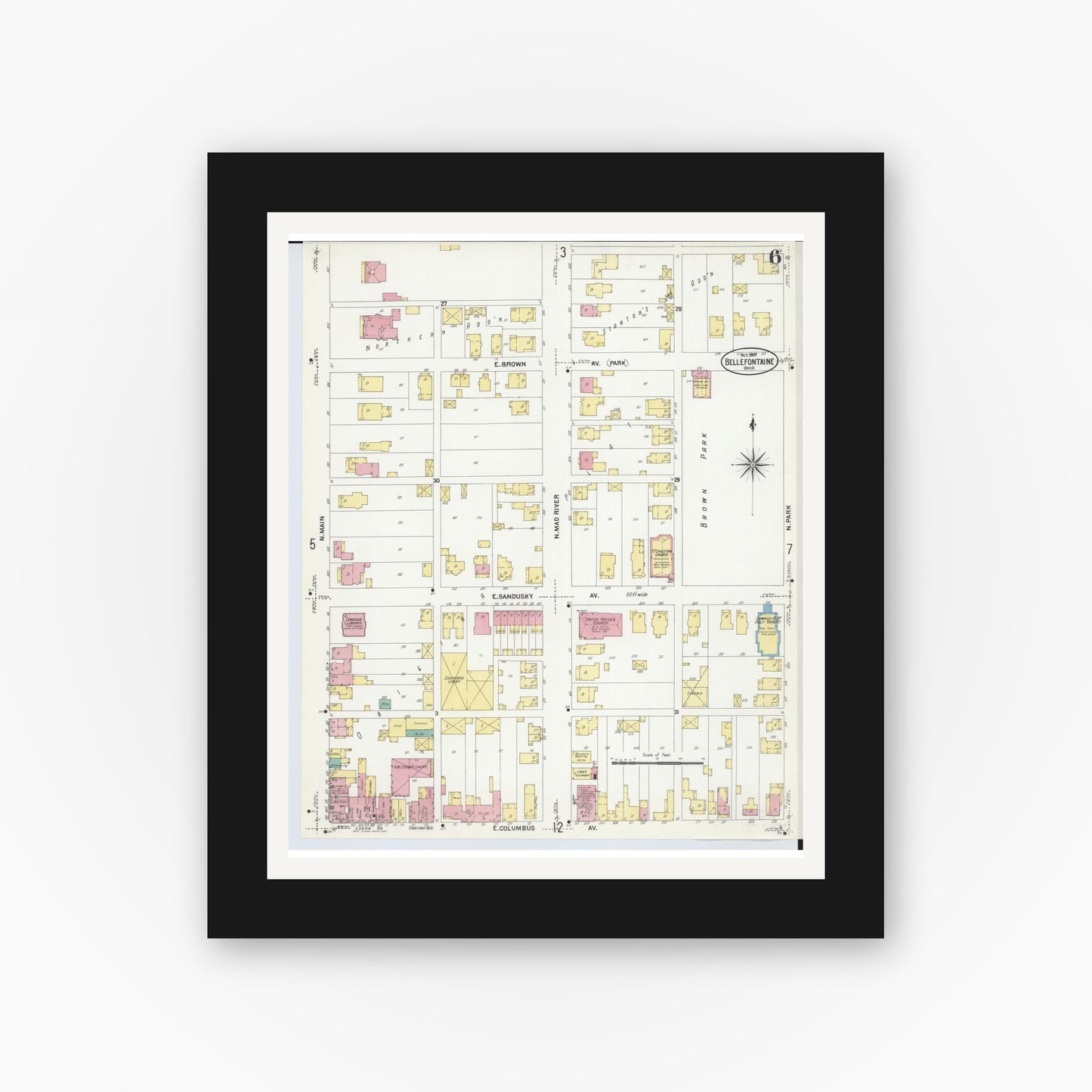 Old map wall art mockup — black gallery frame with white mat — Sanborn Fire Insurance Map from Bellefontaine, Logan County, Ohio (1907), Sheet #0006
