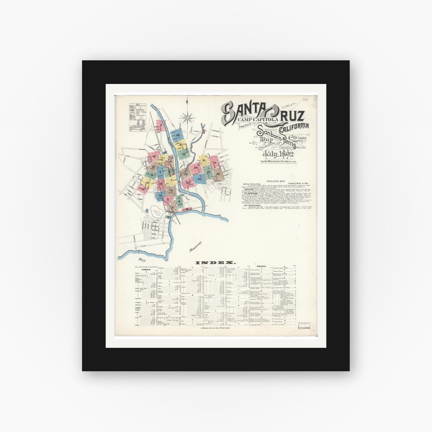 Old map wall art mockup — black gallery frame with white mat — Sanborn Fire Insurance Map from Santa Cruz, Santa Cruz County, California (1892), Sheet #0001