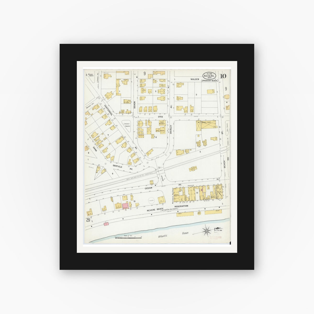 Old map wall art mockup — black gallery frame with white mat — Sanborn Fire Insurance Map from Revere, Suffolk County, Massachusetts (1900), Sheet #0010