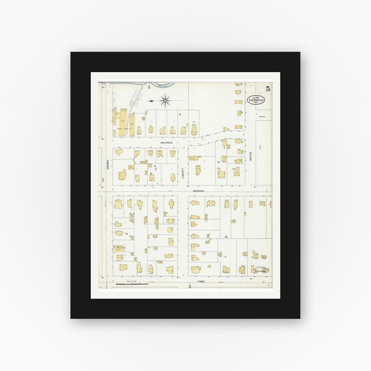 Old map wall art mockup — black gallery frame with white mat — Sanborn Fire Insurance Map from Evansville, Rock County, Wisconsin (1907), Sheet #0005