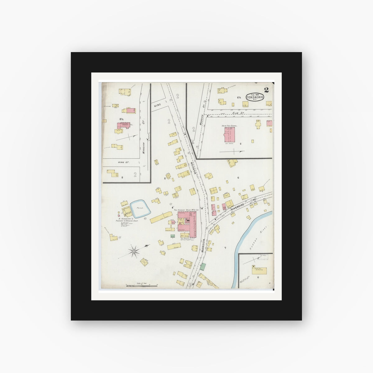 Old map wall art mockup — black gallery frame with white mat — Sanborn Fire Insurance Map from Coxsackie, Greene County, New York (1895), Sheet #0002