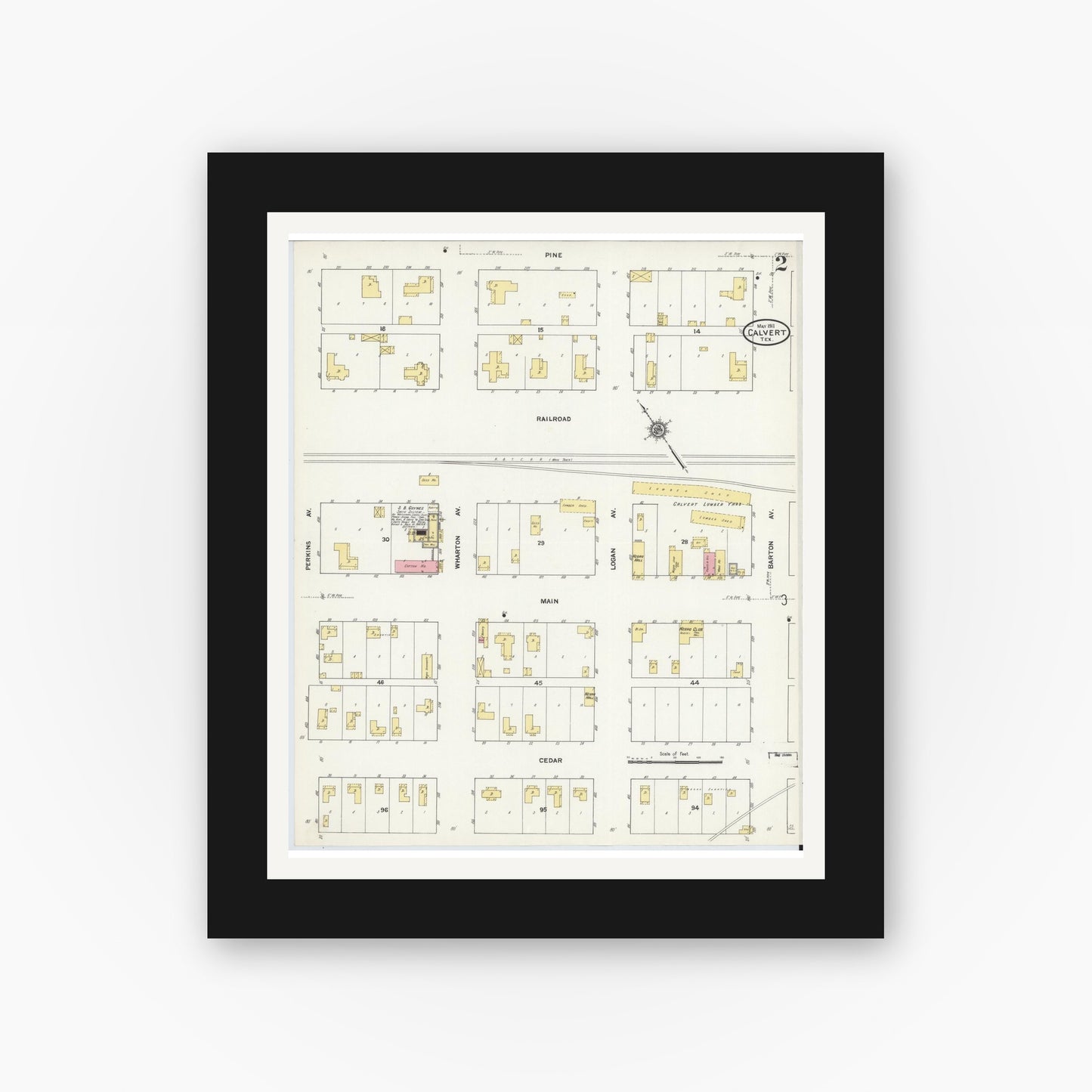 Old map wall art mockup — black gallery frame with white mat — Sanborn Fire Insurance Map from Calvert, Robertson County, Texas (1911), Sheet #0002