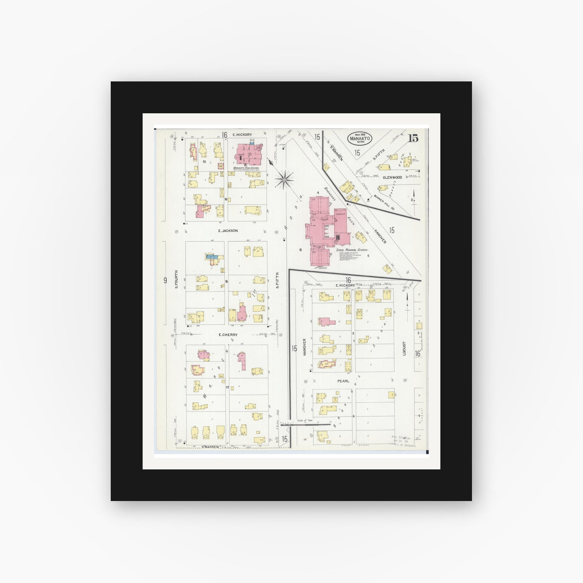 Old map wall art mockup — black gallery frame with white mat — Sanborn Fire Insurance Map from Mankato, Blue Earth County, Minnesota (1908), Sheet #0015