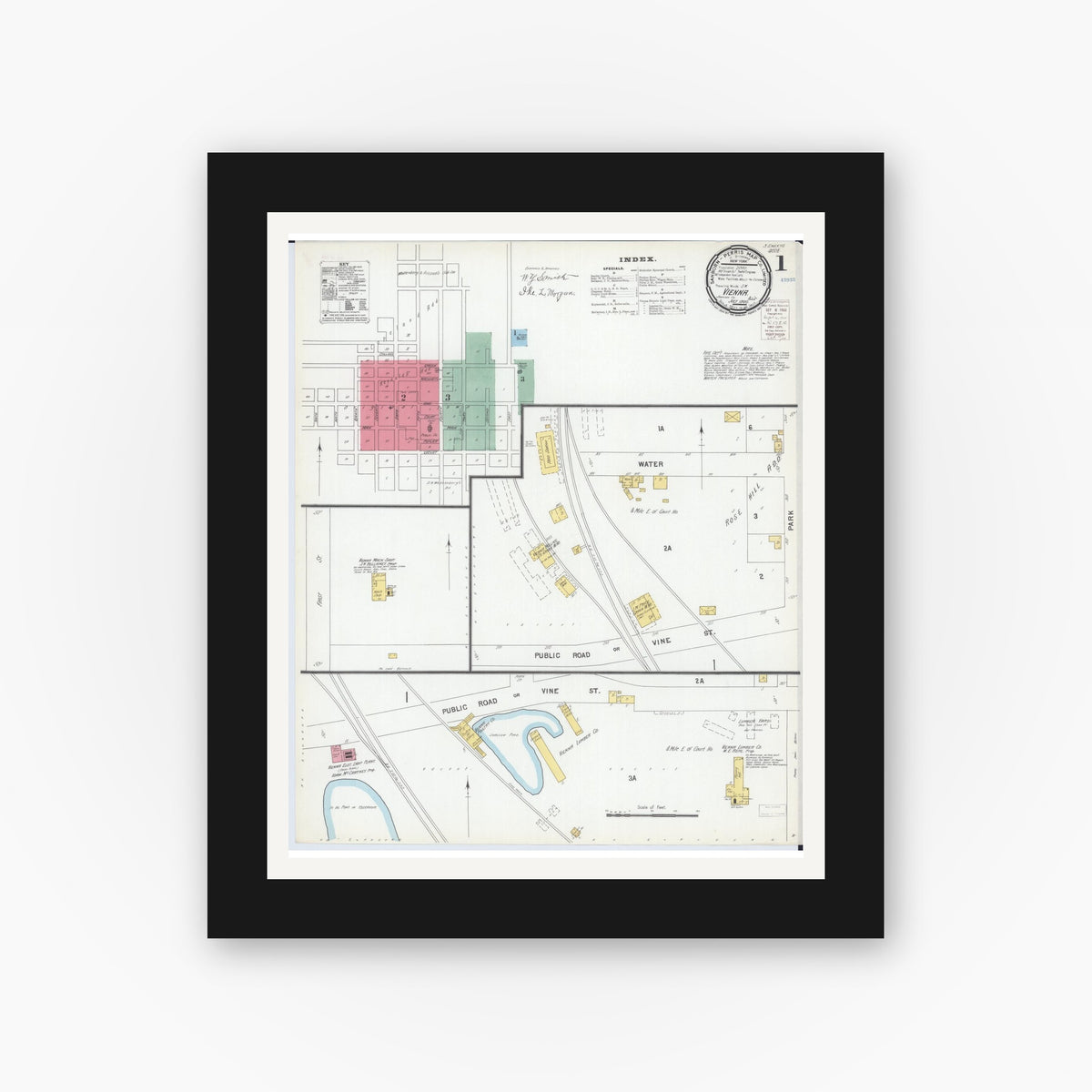 Old map wall art mockup — black gallery frame with white mat — Sanborn Fire Insurance Map from Vienna, Johnson County, Illinois (1900) - Complete Map Set