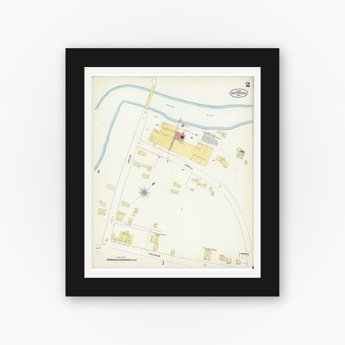 Old map wall art mockup — black gallery frame with white mat — Sanborn Fire Insurance Map from East Pepperell, Middlesex County, Massachusetts (1903), Sheet #0002