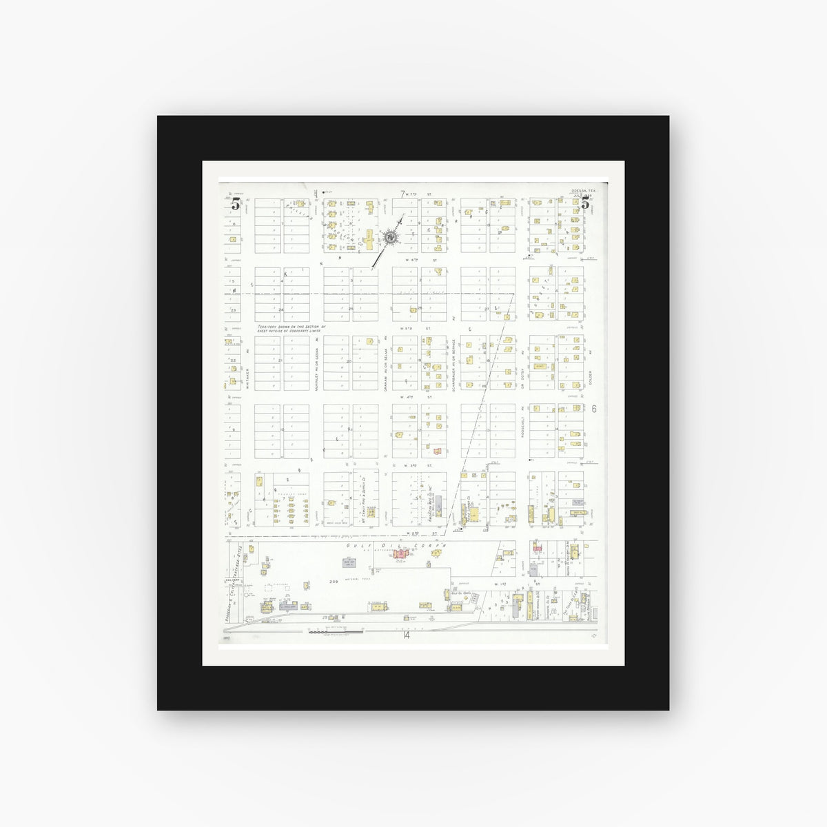 Old map wall art mockup — black gallery frame with white mat — Sanborn Fire Insurance Map from Odessa, Edger County, Texas (1939), Sheet #0005