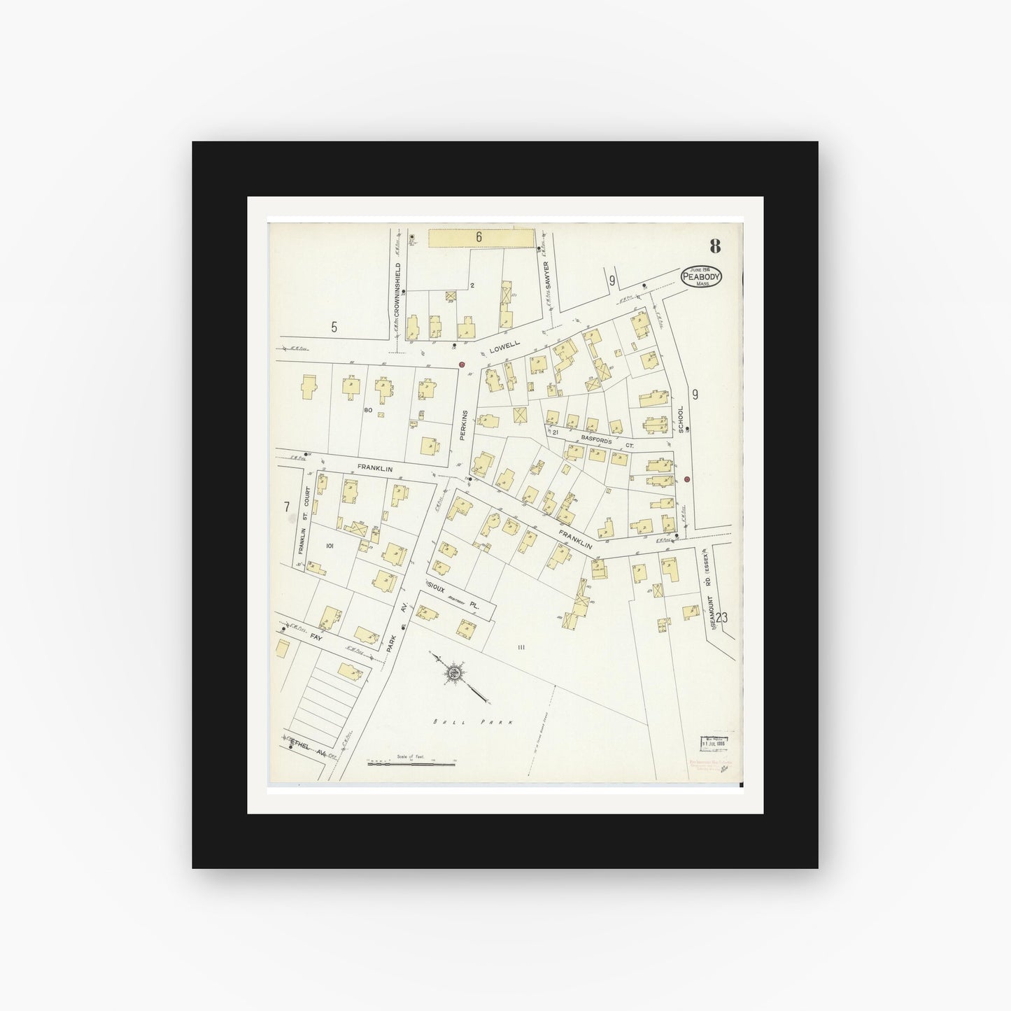 Old map wall art mockup — black gallery frame with white mat — Sanborn Fire Insurance Map from Peabody, Essex County, Massachusetts (1914), Sheet #0008