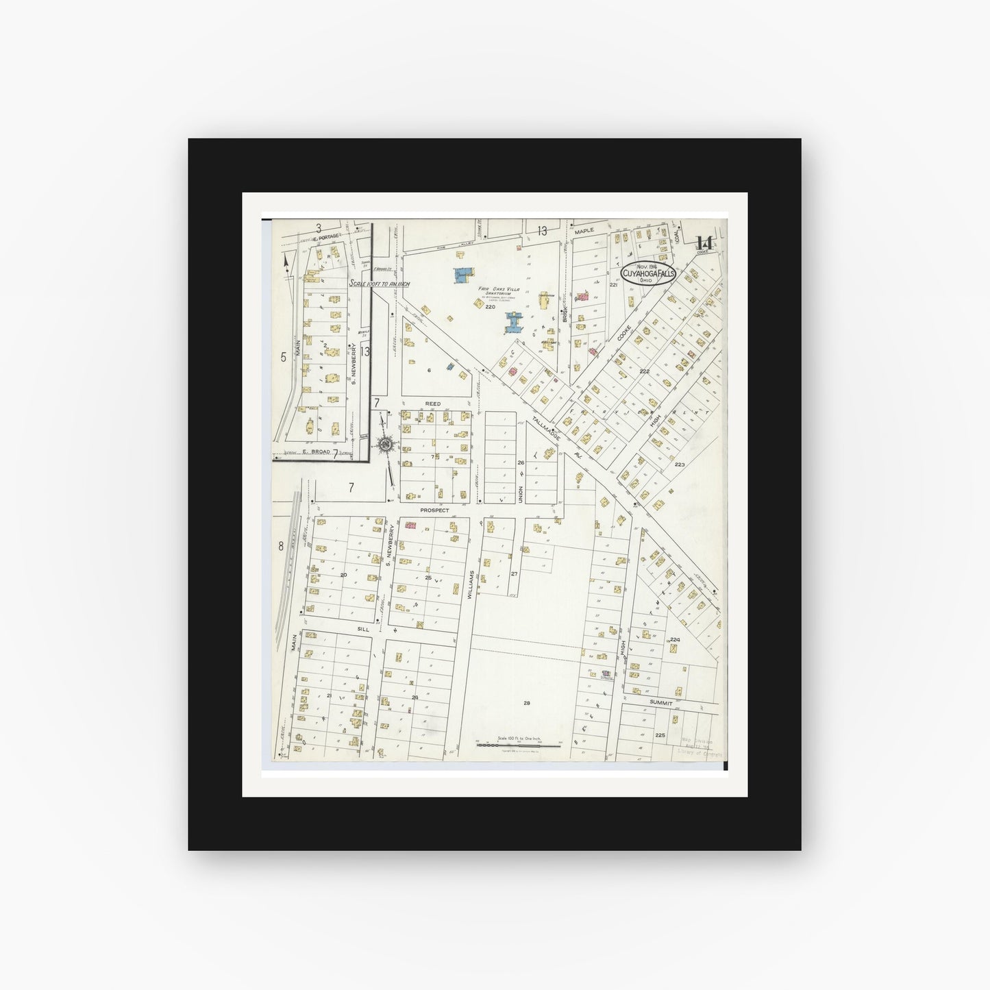 Old map wall art mockup — black gallery frame with white mat — Sanborn Fire Insurance Map from Cuyahoga Falls, Summit County, Ohio (1916), Sheet #0014